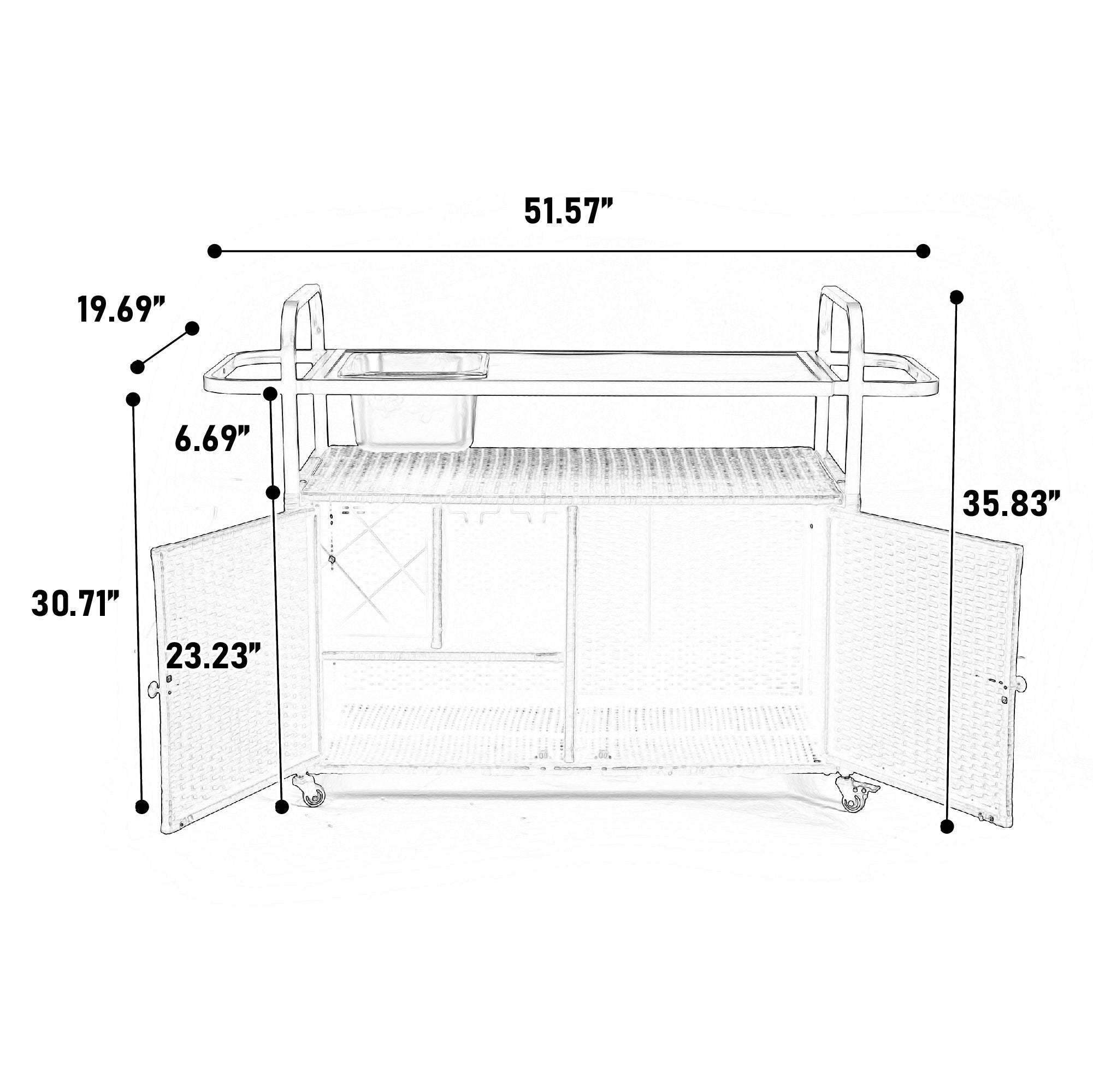 Outdoor Bar Table, Wicker Bar Cart with Cabinet, Patio Serving Cart with steel Top, with one ice bucket,Lockable Wheels, Side Basket for Garden, Poolside & Backyard, Beige
