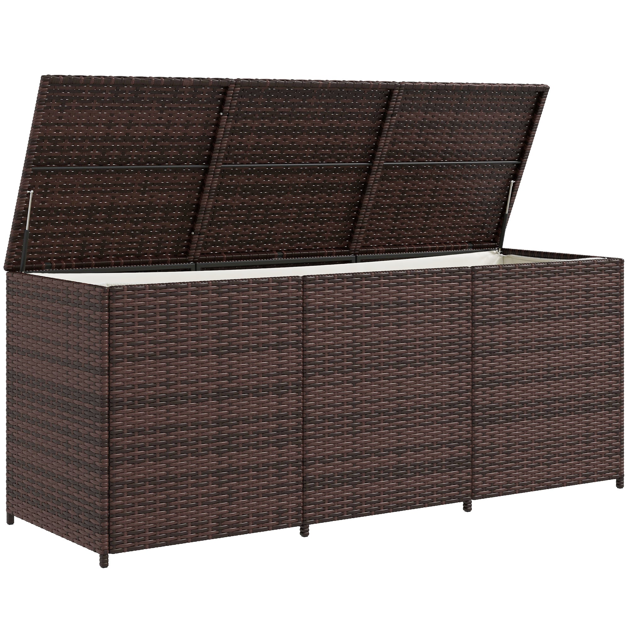 Outsunny 175 Gallon Outdoor Storage Box with Inner Liner, PE Rattan Wicker Deck Box with Pneumatic Bar Lift for Indoor & Outdoor, Patio Furniture Cushions, Pool Toys, Garden Tools, Mixed Brown