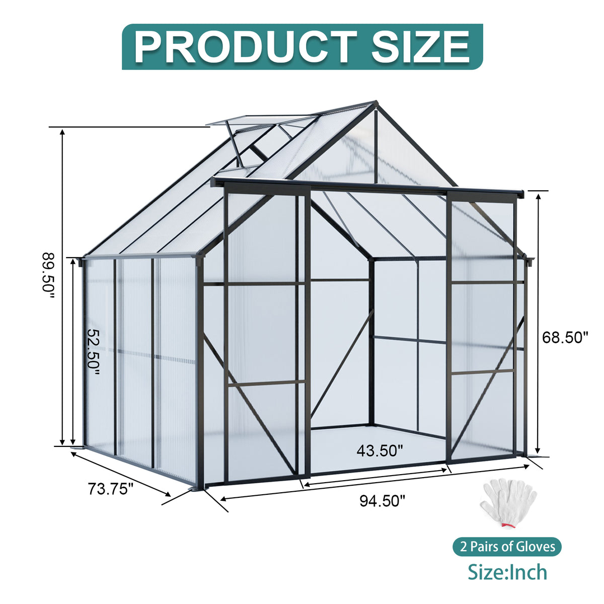 8ft x 6ft Heavy‑Duty Aluminum Walk‑In Greenhouse — Double Doors Adjustable Roof & Polycarbonate Panels Black