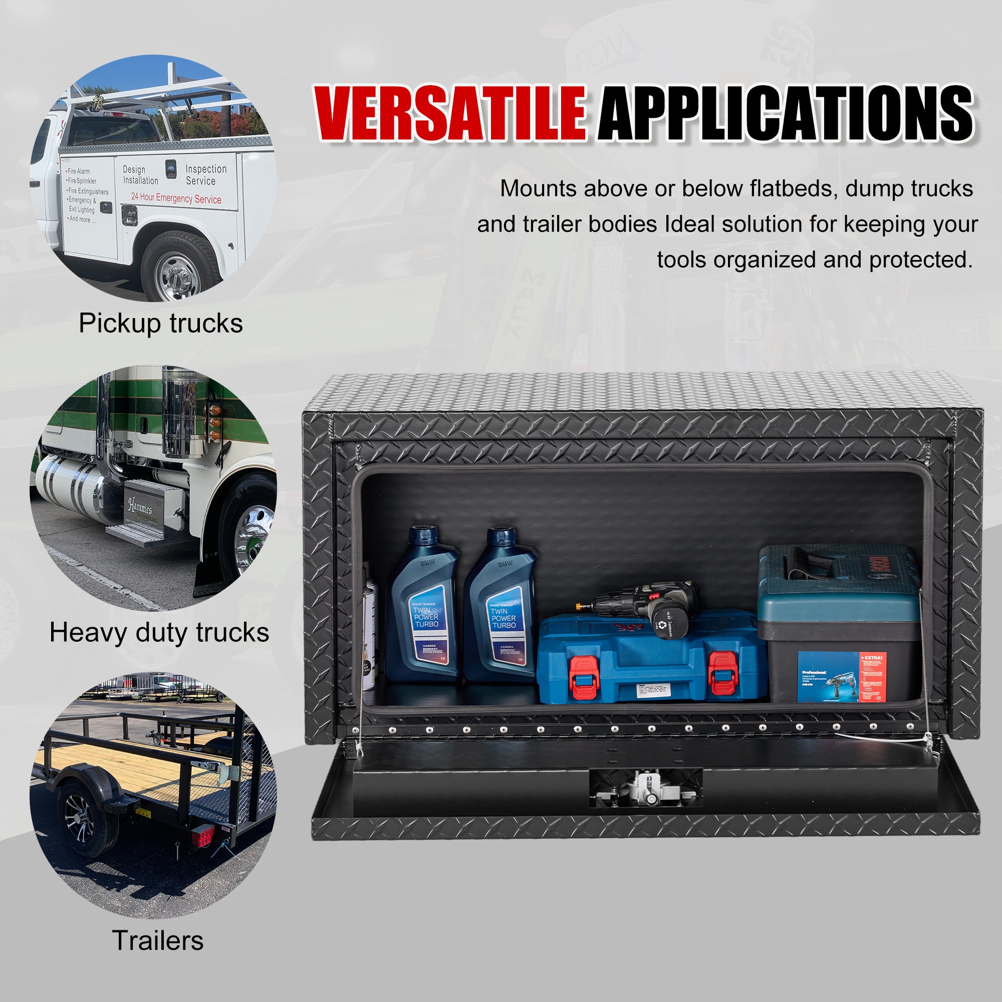36" Aluminum Underbody Truck Tool Box — Heavy‑Duty Matte Black Diamond Plate, Waterproof & Lockable