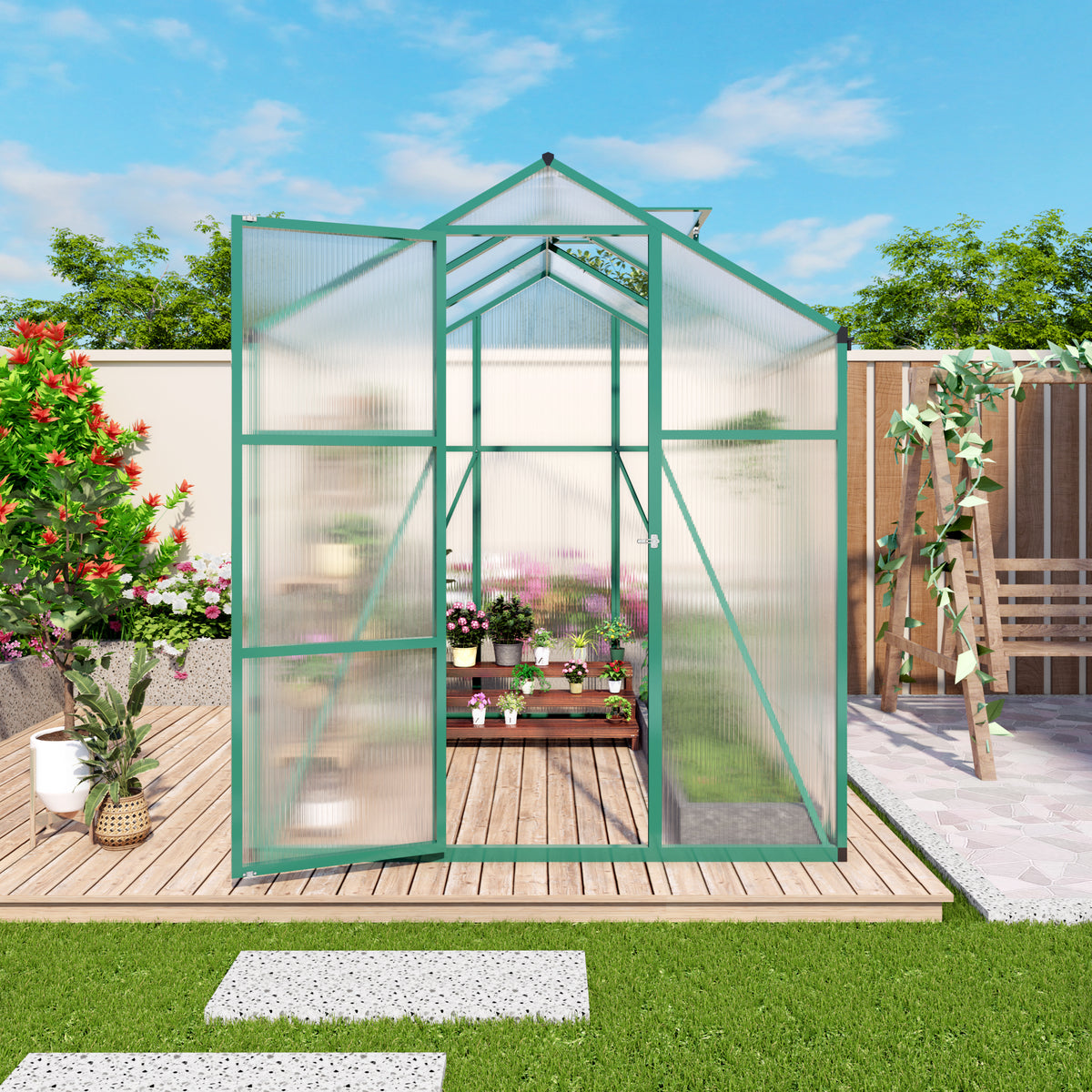 6ft x 6ft Heavy‑Duty Aluminum Walk‑In Greenhouse — Wind‑Resistant Polycarbonate Panels with Raised Base & Drainage System Green