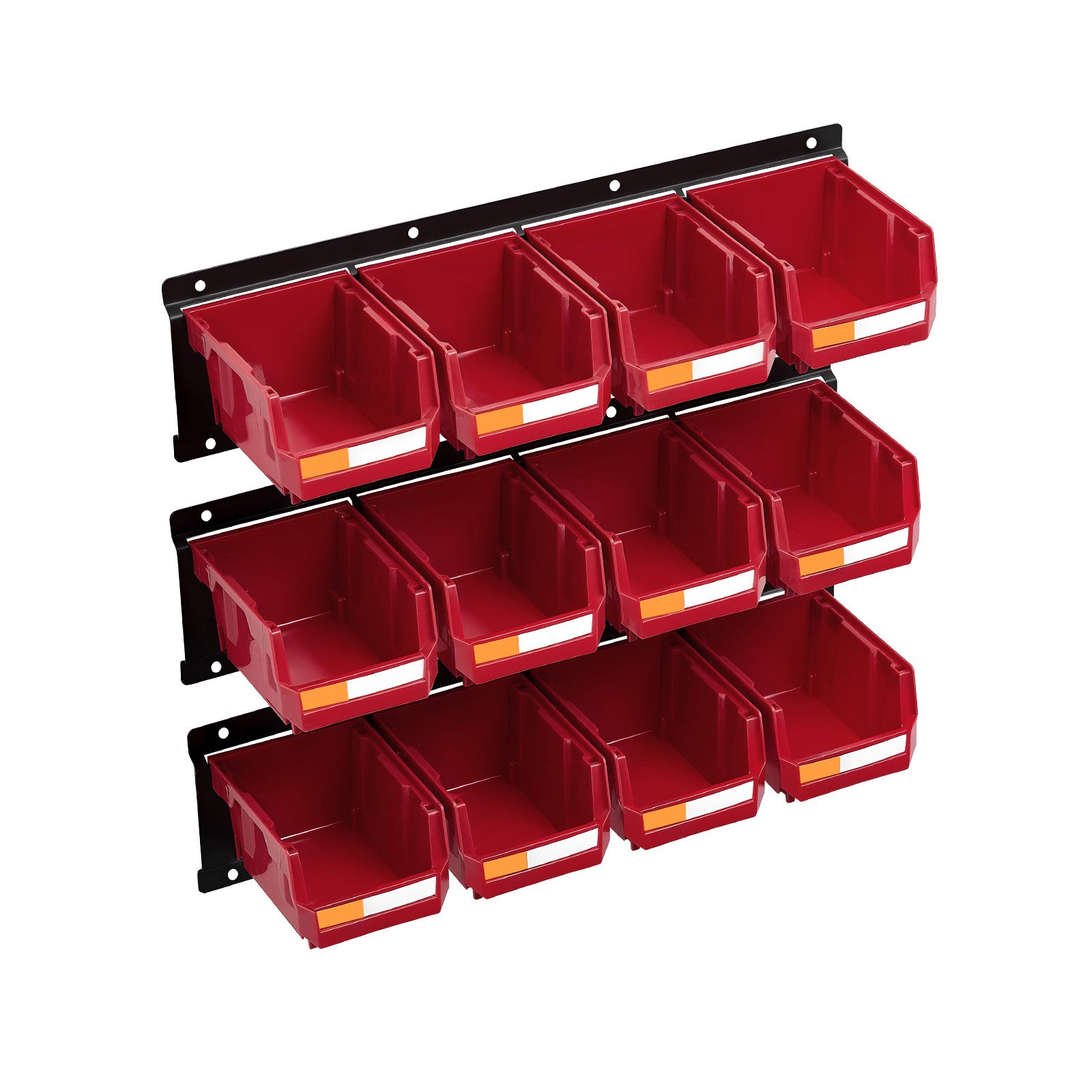 Wall Mounted Storage Bins – 12 Plastic Bins & 3 Metal Rails for Screws, Nuts, Bolts – Hardware Tool Organizer for Workshop, Craft Room, Garage (Red)