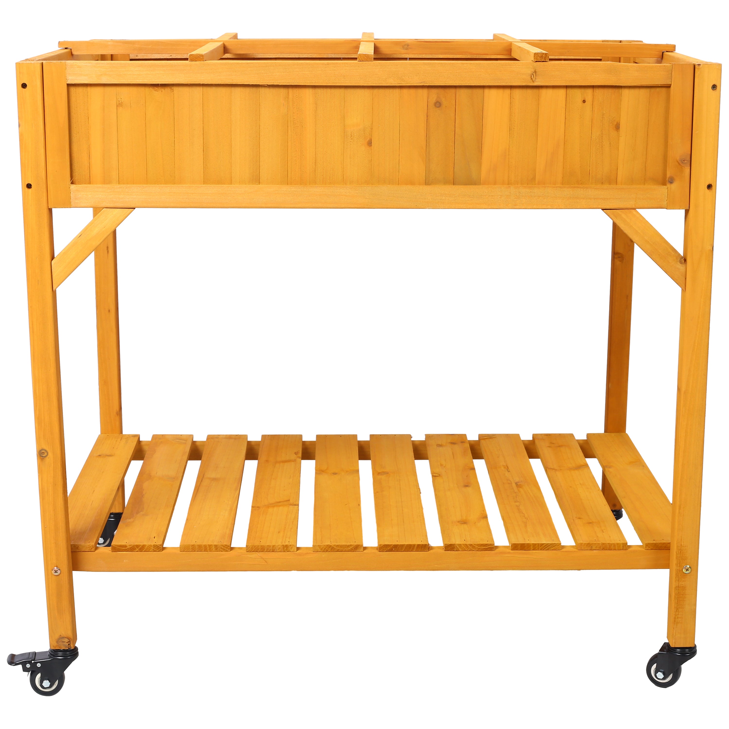Elevated 8 Pocket Herb Garden Bed – Mobile Wood Planter with Lockable Wheels & Storage Shelf