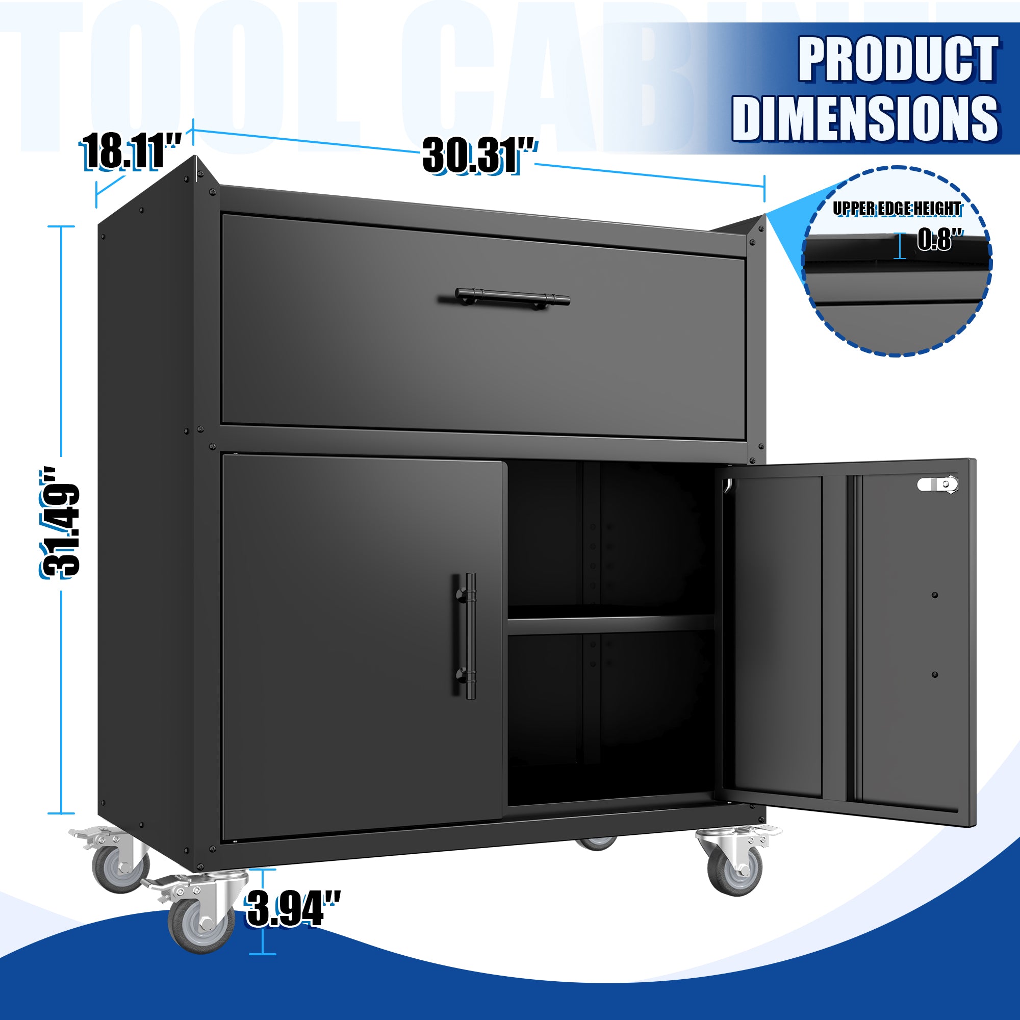 2 Door + 1 Drawer Lockable Rolling Tool Cabinet – Garage Storage with Wheels