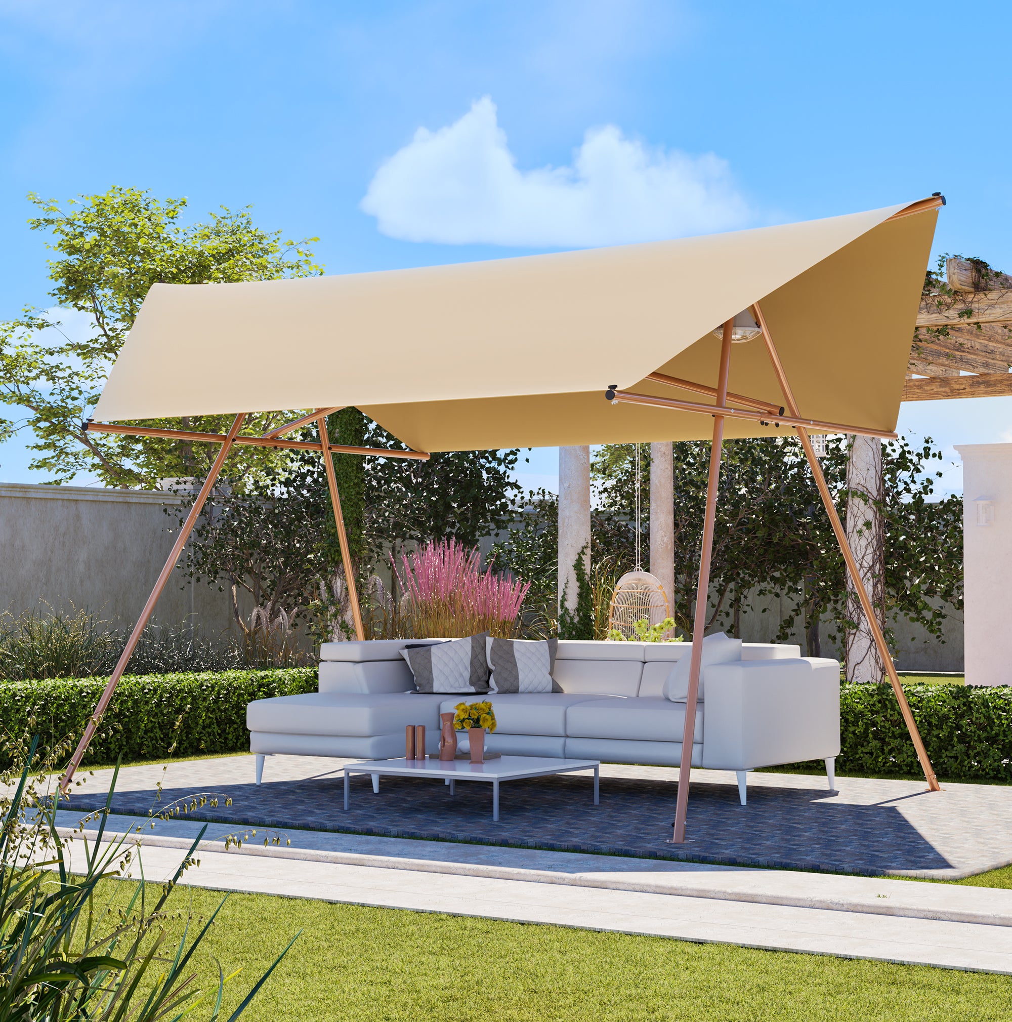 Hexagonal Shade Sail Canopy, ~17x10 ft, UPF 50+, 300D PU Waterproof Polyester, 1.5-in Rust-Resistant Poles, Built-in Hooks – Light Khaki