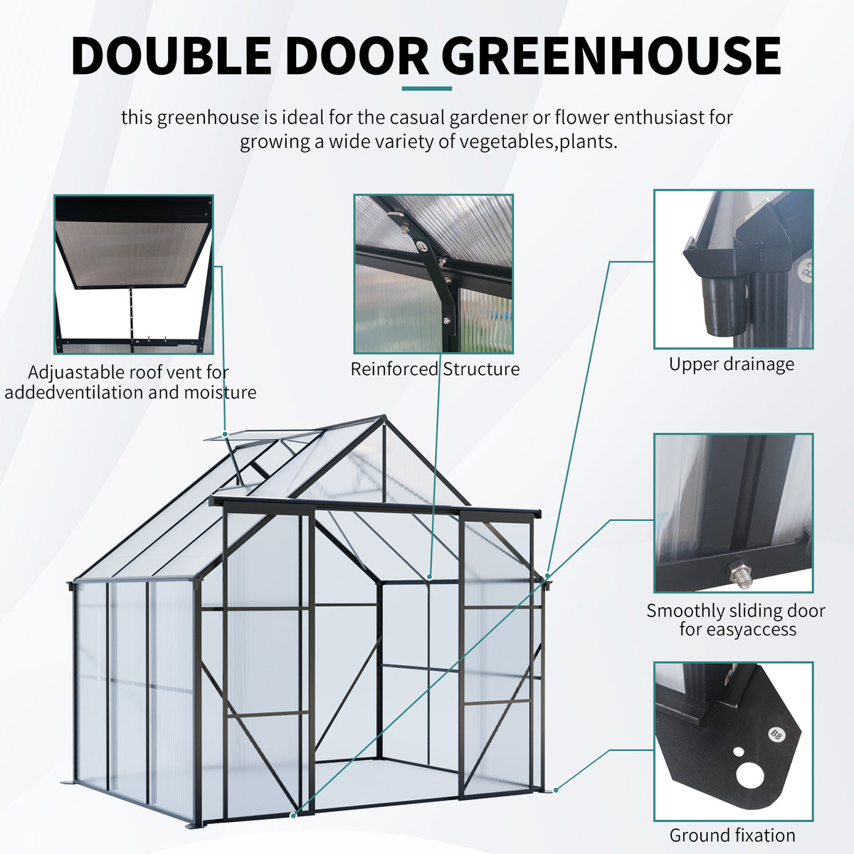 8ft x 6ft Heavy‑Duty Aluminum Walk‑In Greenhouse — Double Doors Adjustable Roof & Polycarbonate Panels Black