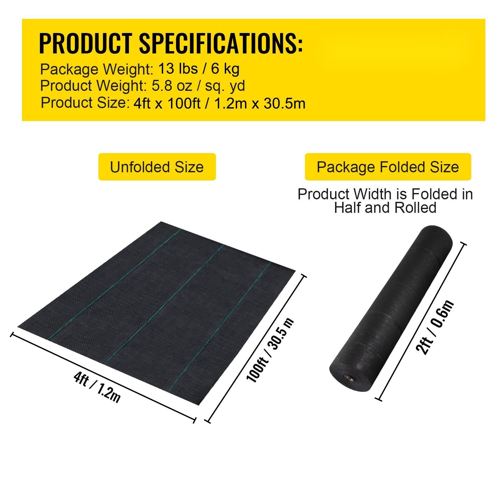 4ft x 100ft Heavy‑Duty 5.8oz Woven Weed Barrier Landscape Fabric — Professional Geotextile Ground Cover Black