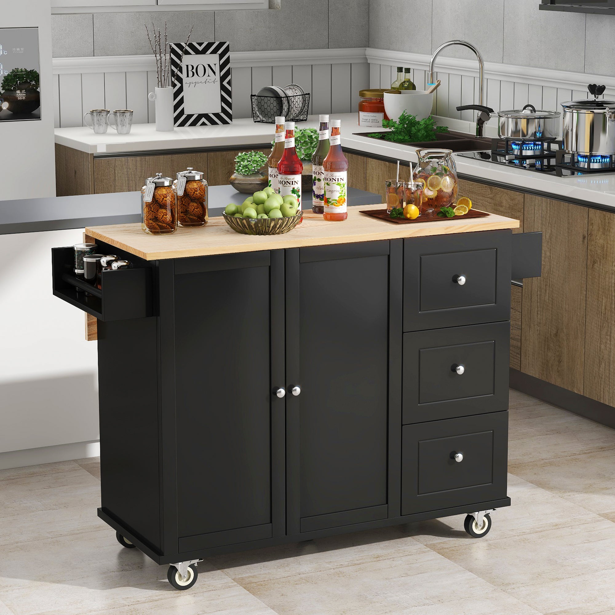 Rolling Kitchen Island with Solid Wood Top, Drop Leaf, 3 Drawers & Locking Wheels, 52.76 in.