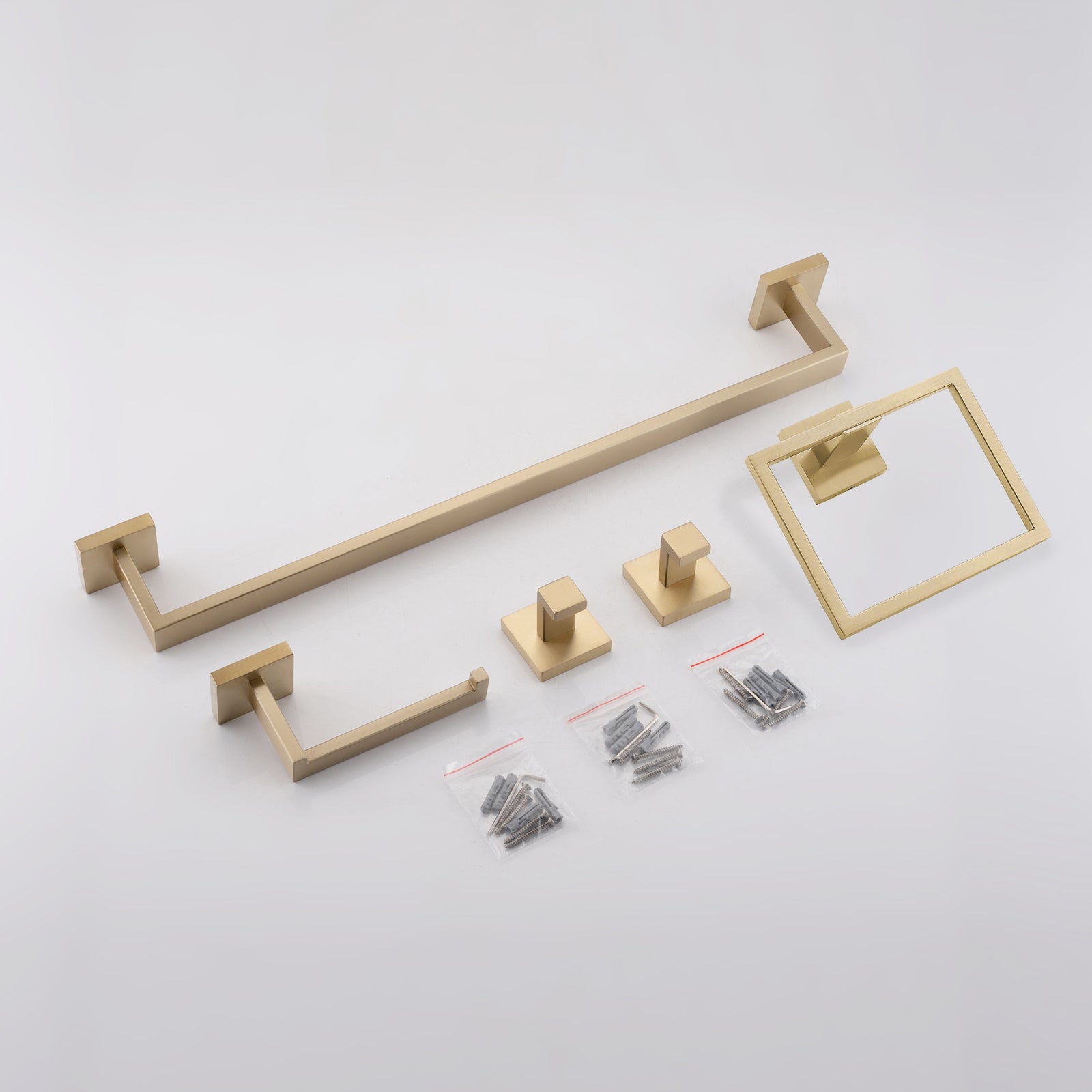 Brushed Gold 5-Piece SUS304 Bathroom Hardware Set – Towel Bar, Ring, Hooks & TP Holder, Modern Rustproof