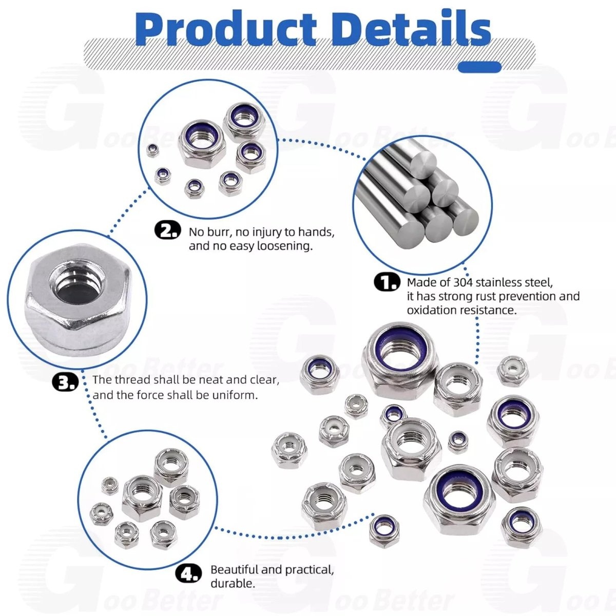 170PCS M3 M4 M5 M6 M8 M10 M12 Lock Nut Nylon Insert Hex Course Stainless Steel Set - HomeDIYer