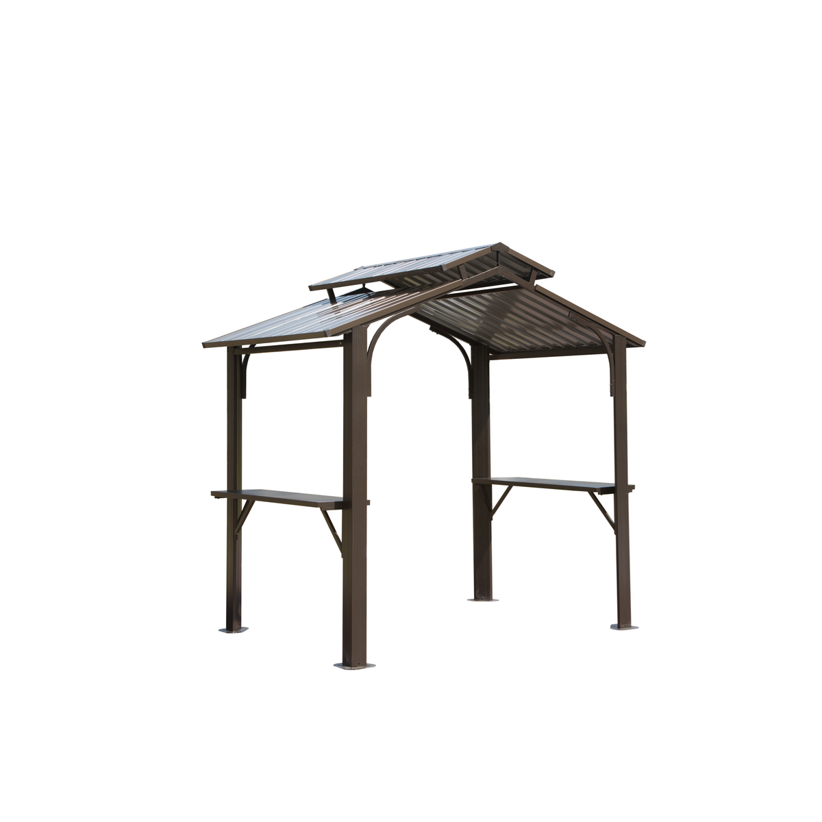 8x5 ft Hardtop BBQ Grill Gazebo, Double Steel Roof, Side Shelves & Ceiling Hook – Brown