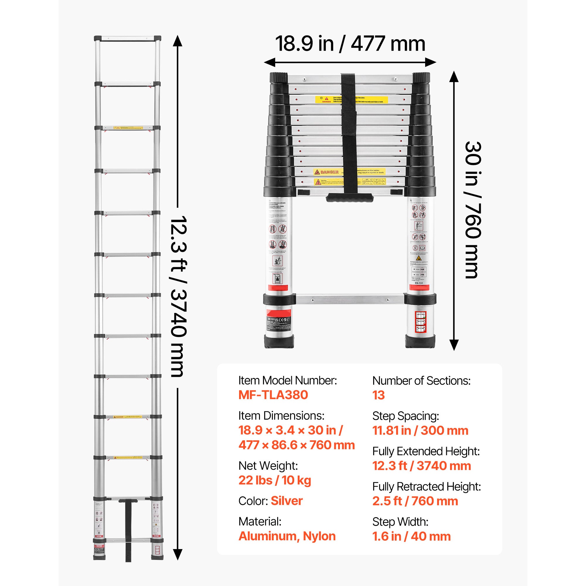 12.5FT Telescoping Aluminum Ladder — 330 lb Capacity, One‑Touch Retraction, Widened Steps, Silver