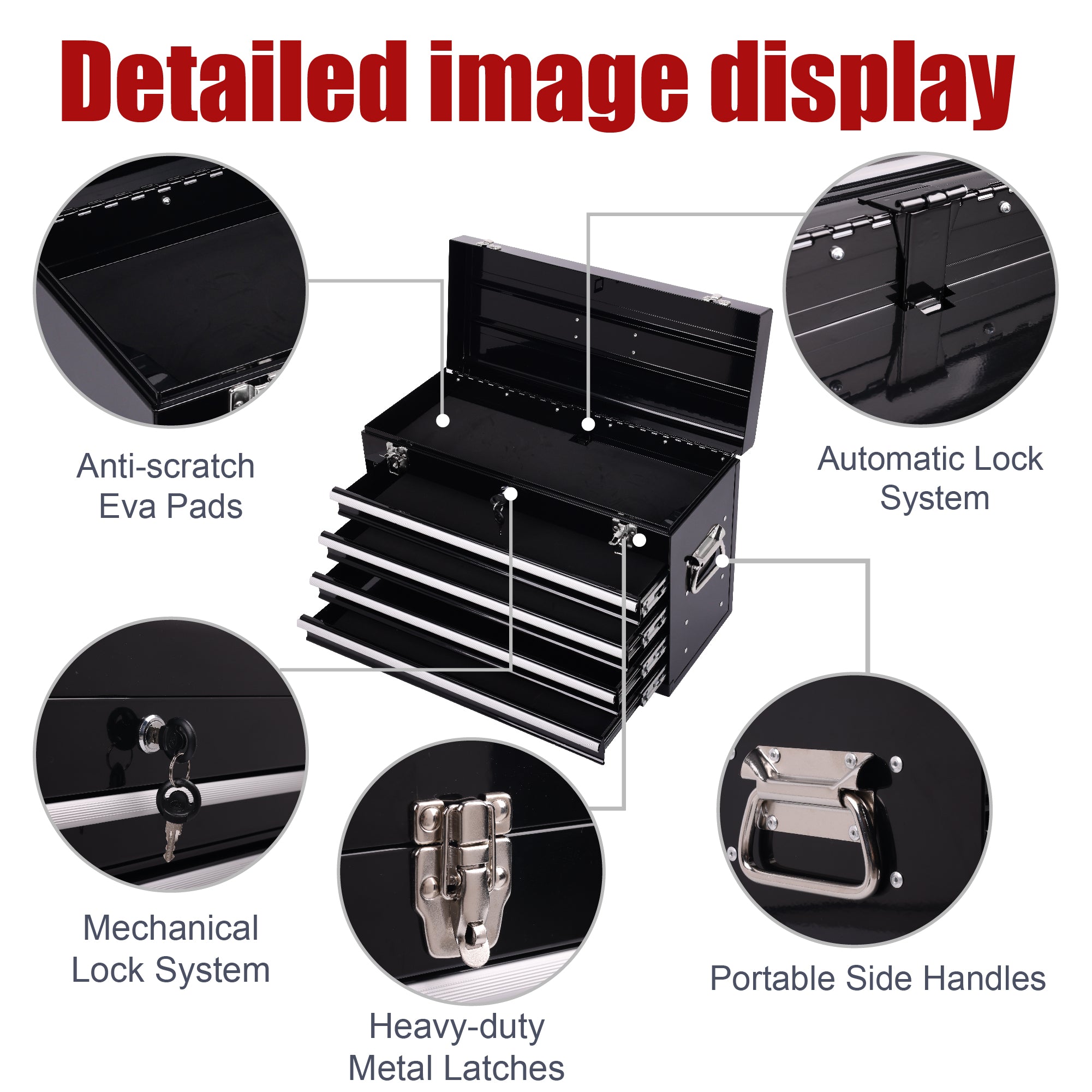 21" Heavy Duty Black Metal Tool Box with 4 Ball-Bearing Drawers