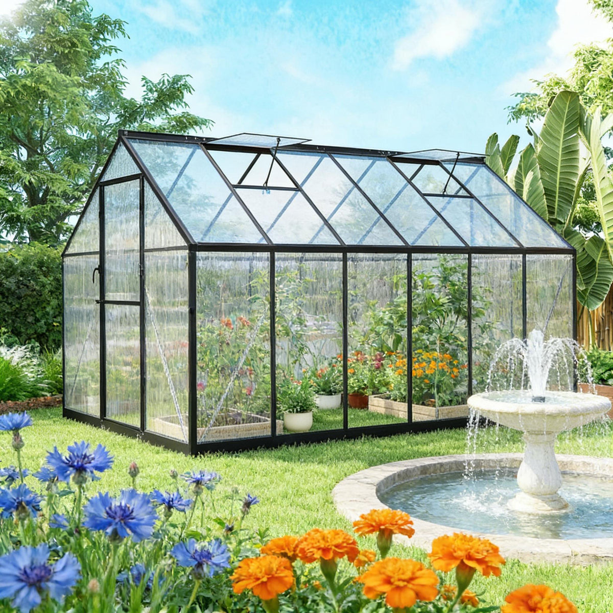 Modern Walk‑In Greenhouse — UPF 50+ Polycarbonate Panels Swing Door Adjustable Roof Vents Black Clear