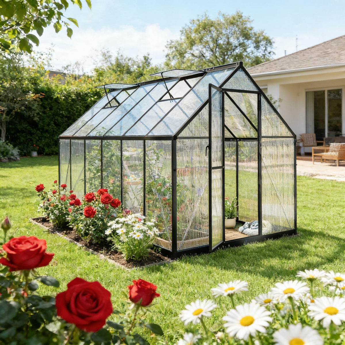Modern Walk‑In Greenhouse — UPF 50+ Polycarbonate Panels Swing Door Adjustable Roof Vents Black Clear