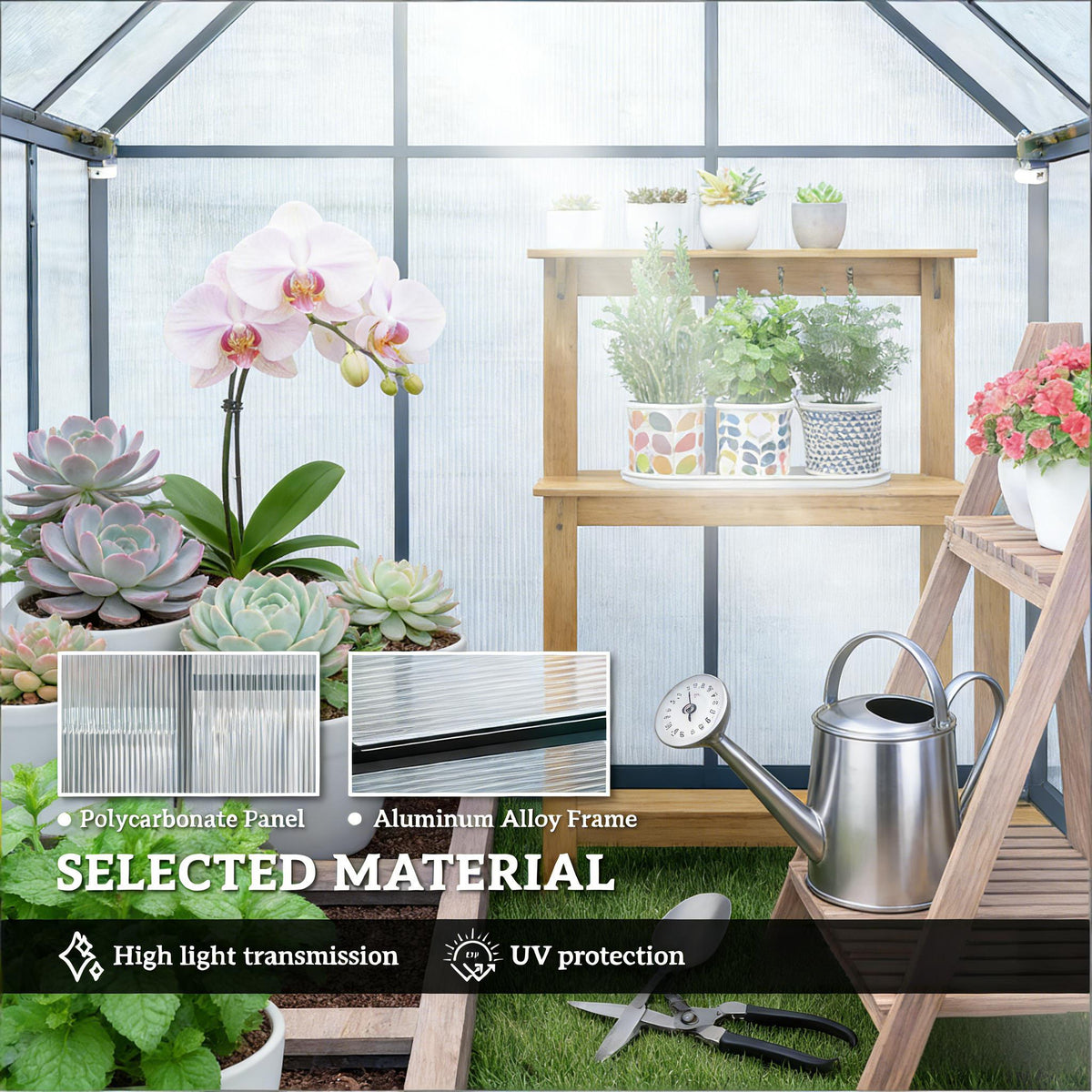 Modern Walk‑In Greenhouse — UPF 50+ Polycarbonate Panels Swing Door Adjustable Roof Vents Black Clear