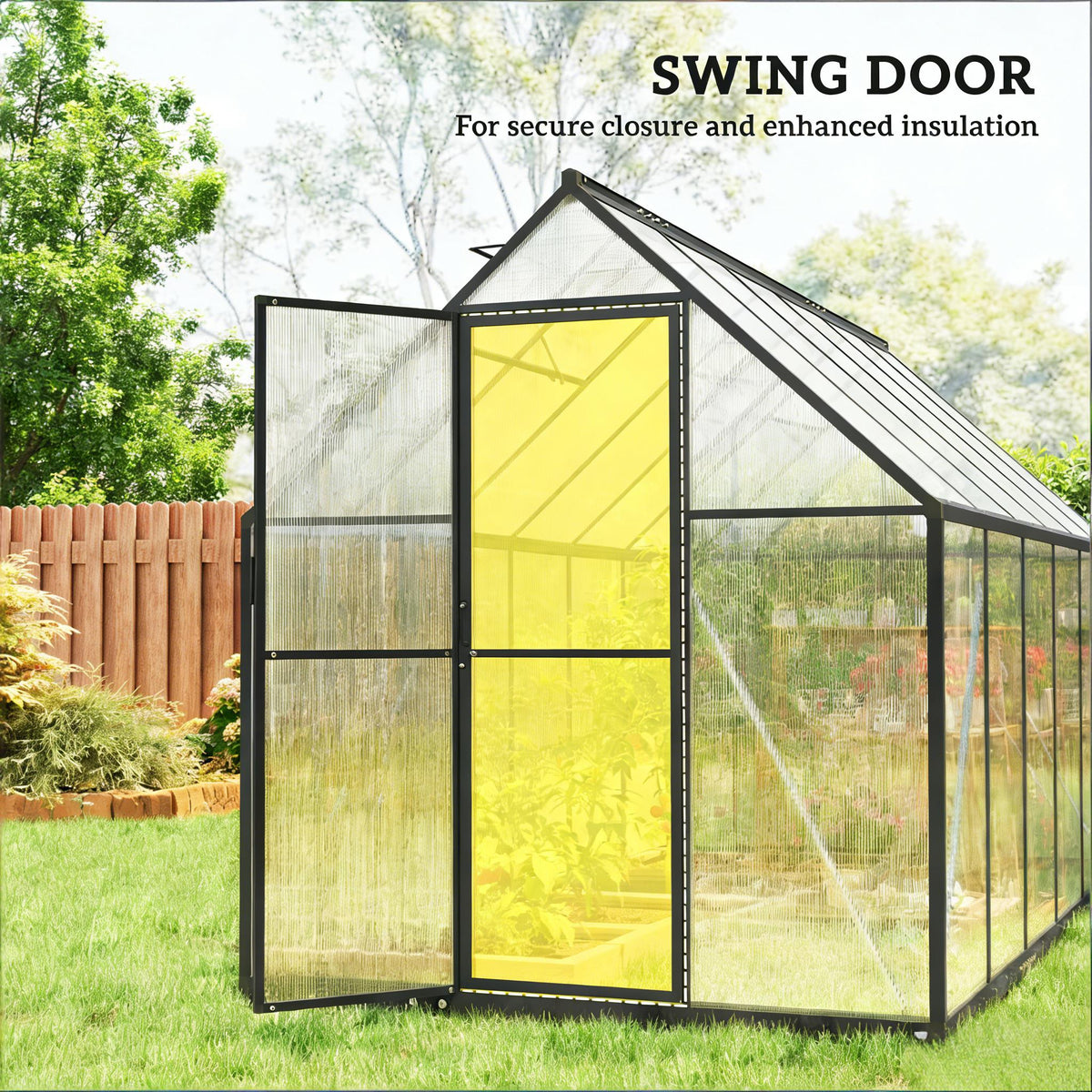 Modern Walk‑In Greenhouse — UPF 50+ Polycarbonate Panels Swing Door Adjustable Roof Vents Black Clear