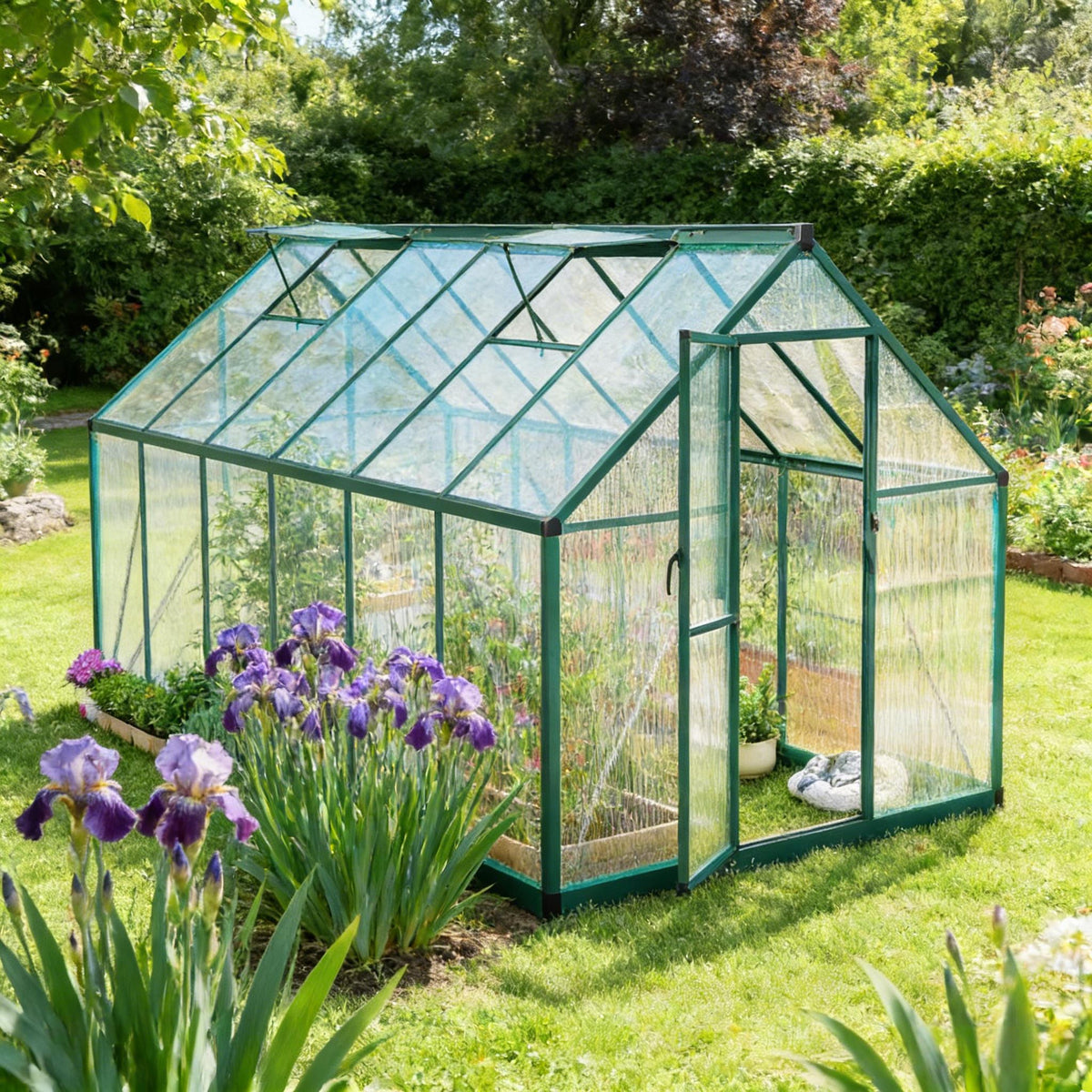 Walk‑In Greenhouse with UPF 50+ Polycarbonate Panels — Adjustable Roof Swing Door Dark Green Clear