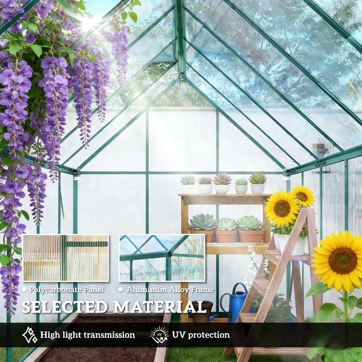 Walk‑In Greenhouse with UPF 50+ Polycarbonate Panels — Adjustable Roof Swing Door Dark Green Clear