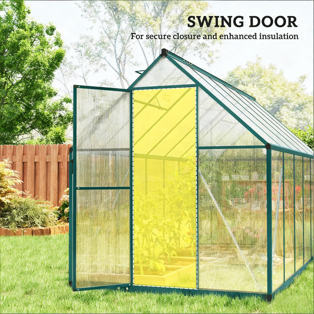 Walk‑In Greenhouse with UPF 50+ Polycarbonate Panels — Adjustable Roof Swing Door Dark Green Clear