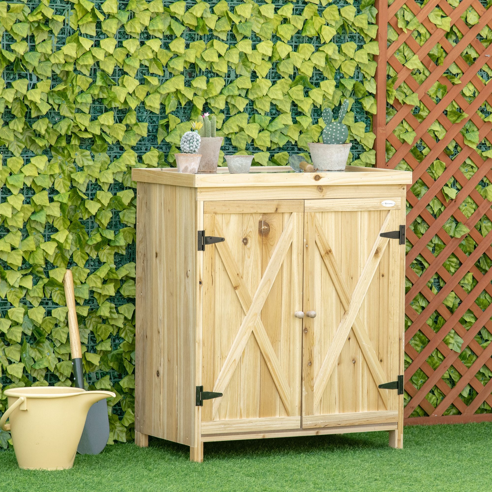 Outsunny Garden Storage Cabinet, Outdoor Tool Shed with Galvanized Top and Two Shelves for Yard Tools or Pool Accessories, Natural