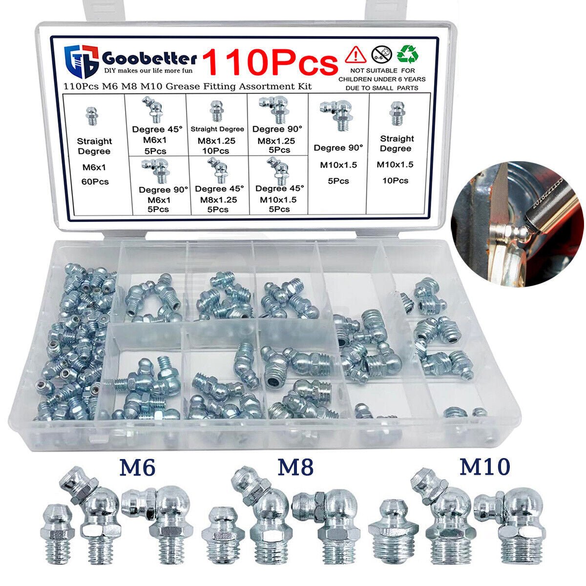 110x Grease nipple assortment Tapered grease nipple Straight Degree 45° 90° M6 - M10 Set - HomeDIYer