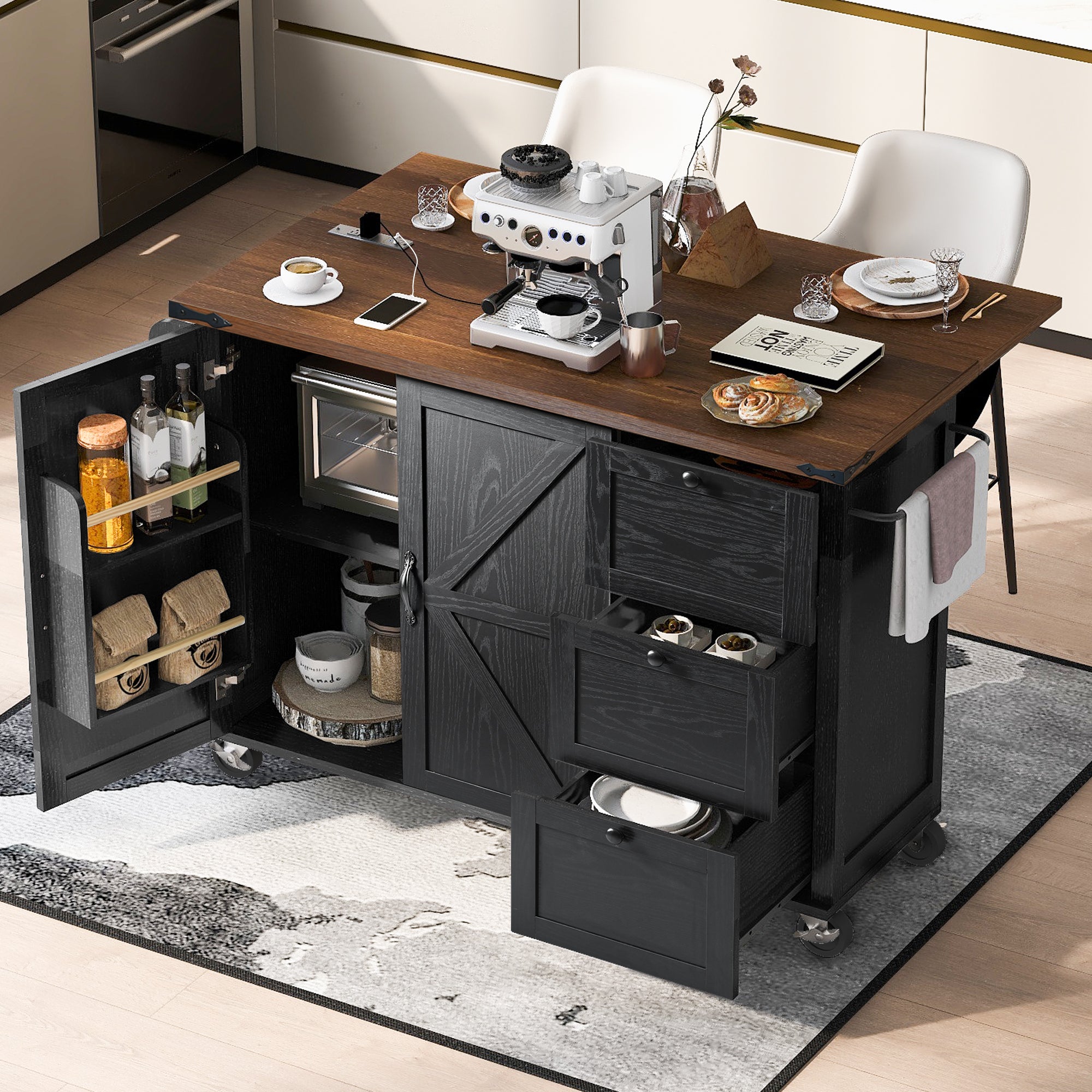 Farmhouse Kitchen Island with Power Outlet, X Barn Door, Internal Rack & Drop Leaf, 54.5 in.