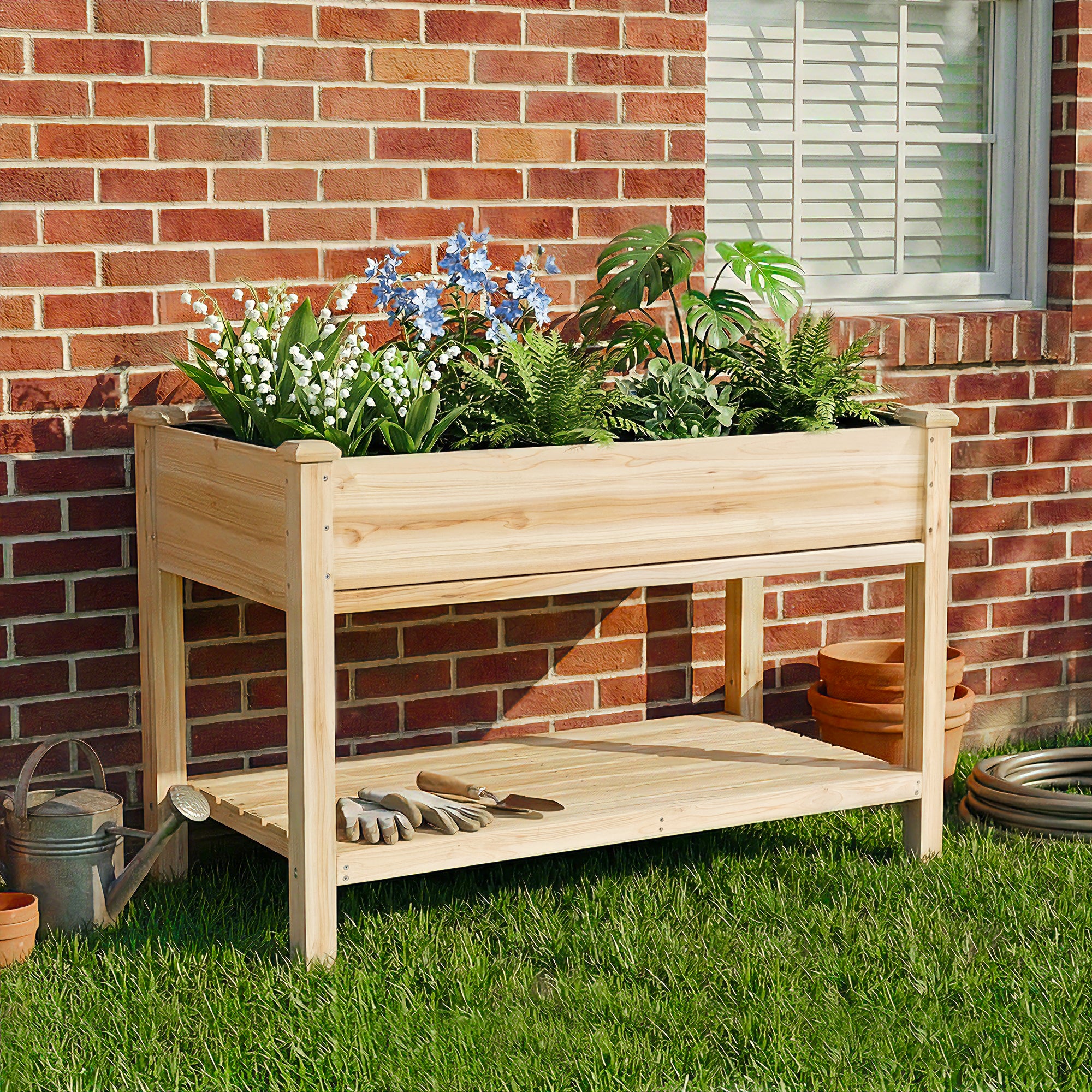 Raised Garden Bed 48x23x31.1" – Elevated Wood Planter with Water Collection Tray & Storage Shelf