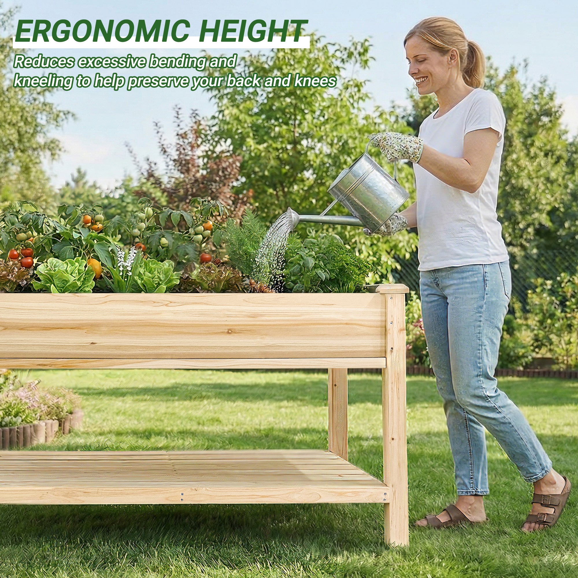 Raised Garden Bed 48x23x31.1" – Elevated Wood Planter with Water Collection Tray & Storage Shelf