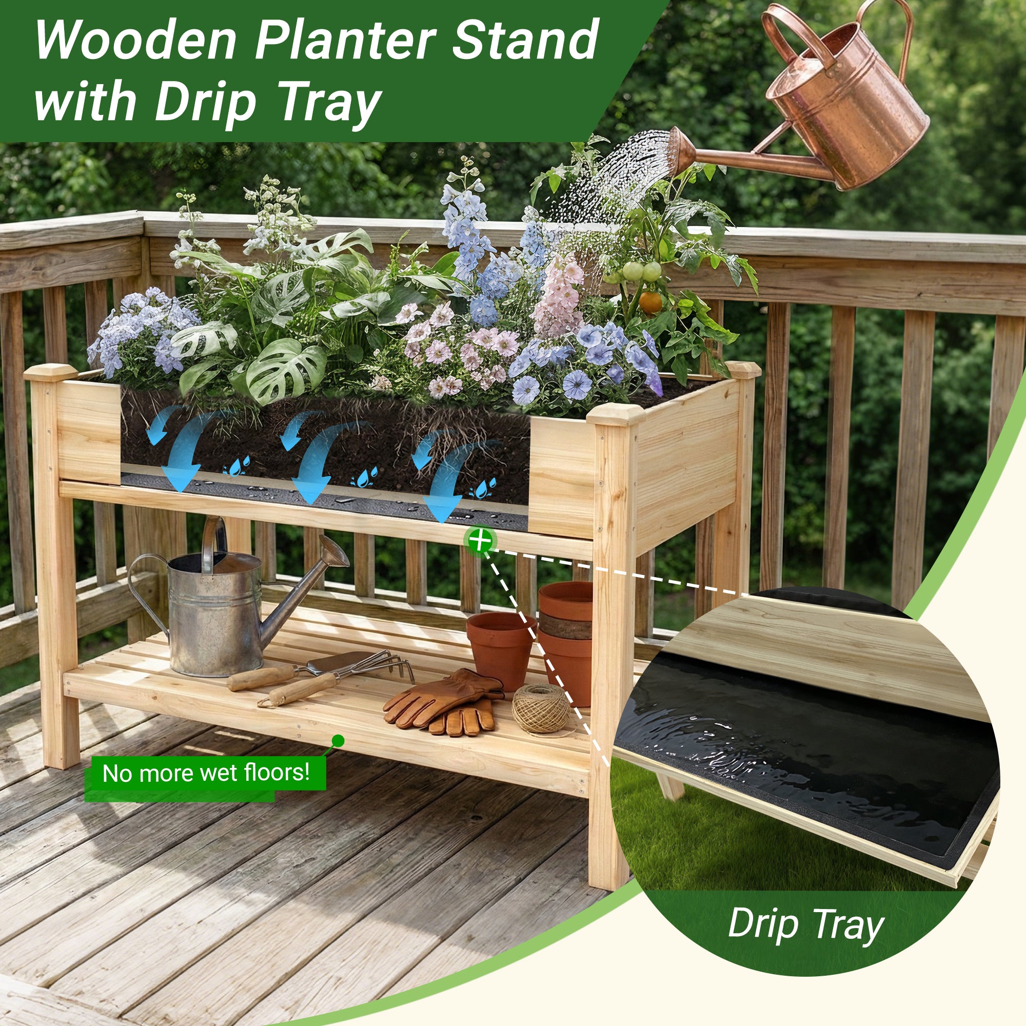 Raised Garden Bed 48x23x31.1" – Elevated Wood Planter with Water Collection Tray & Storage Shelf