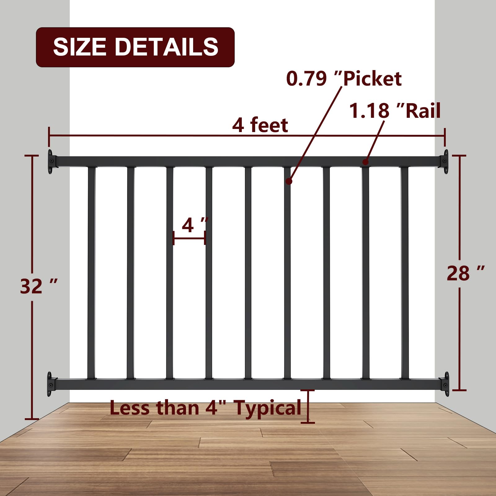 28 in. H x 4 ft W Black Metal Stair Railing Kit with Balusters for Residential and Commercial Use