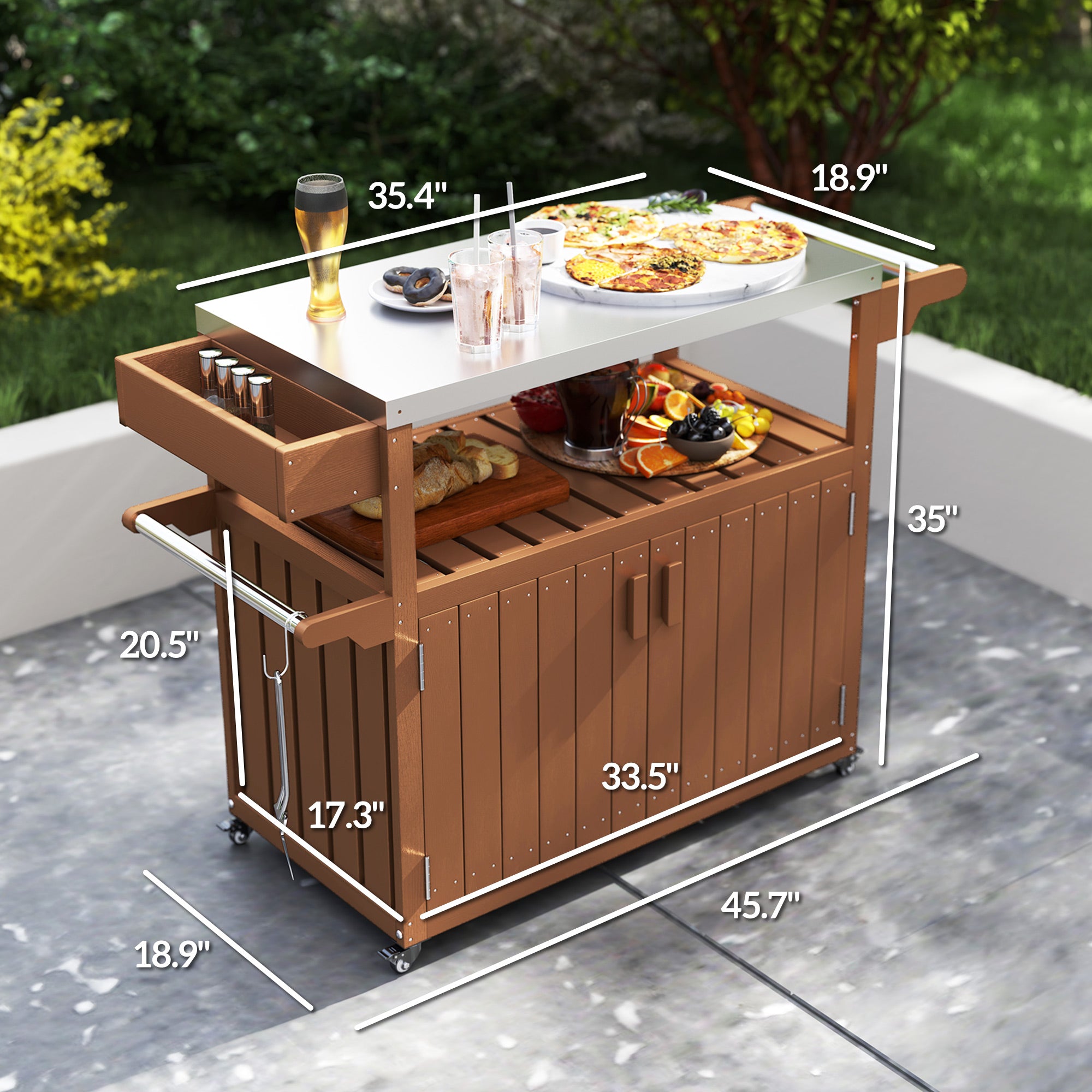 Easy to Move Outdoor Table Top,Outdoor Bar Cart with Storage,Wheeled Kitchen Island for Food Prep