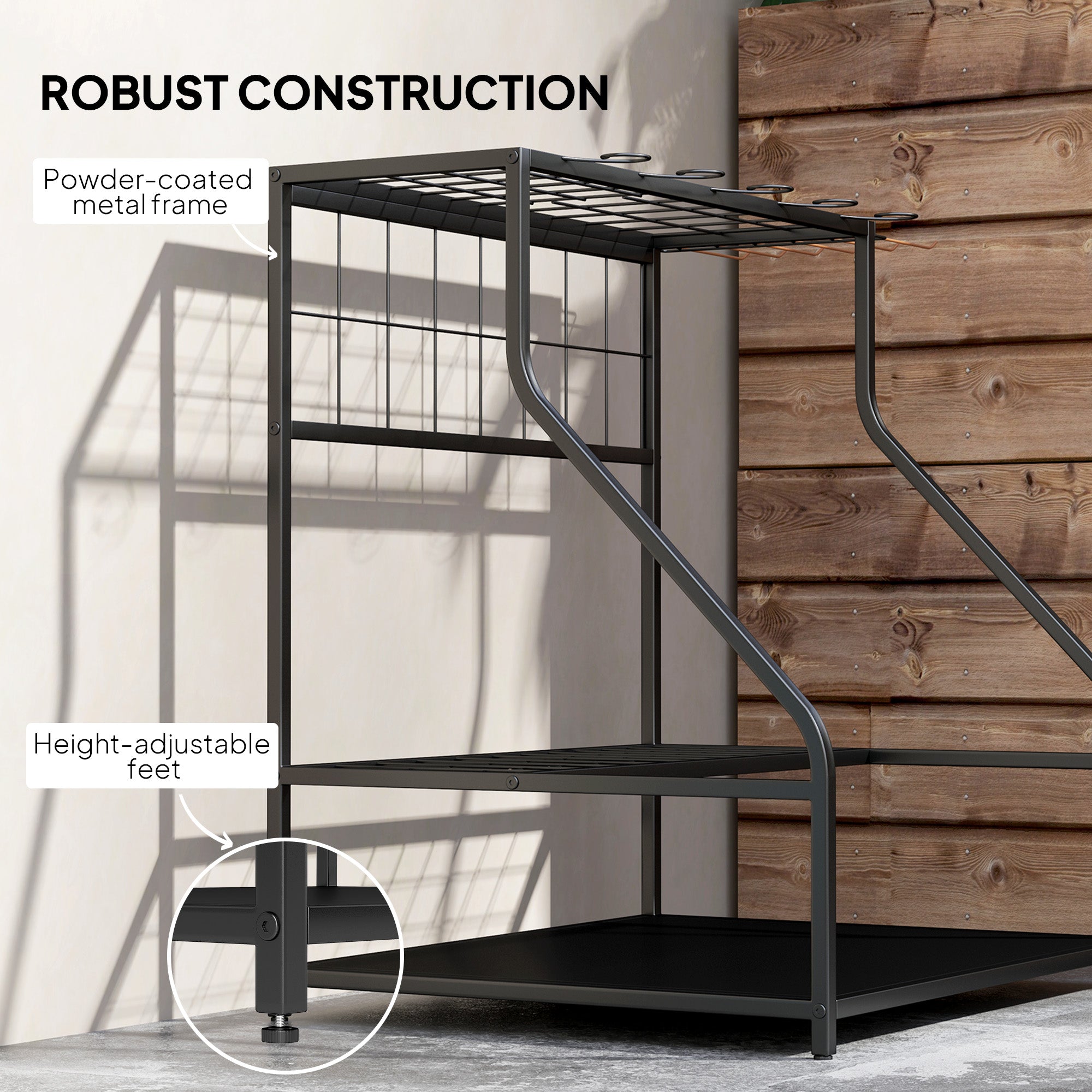 Multi-Purpose Garden Tool Organizer,3-Tier Yard Tool Storage Rack,with Hooks for Long-Handled,Broom,Shovel