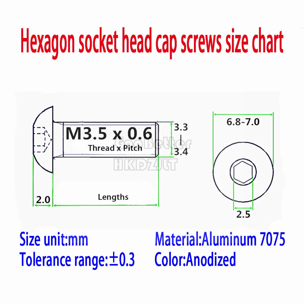 M3.5 Hex Socket Pan Head Screws — Color Anodized Aluminum Alloy, Multiple Lengths