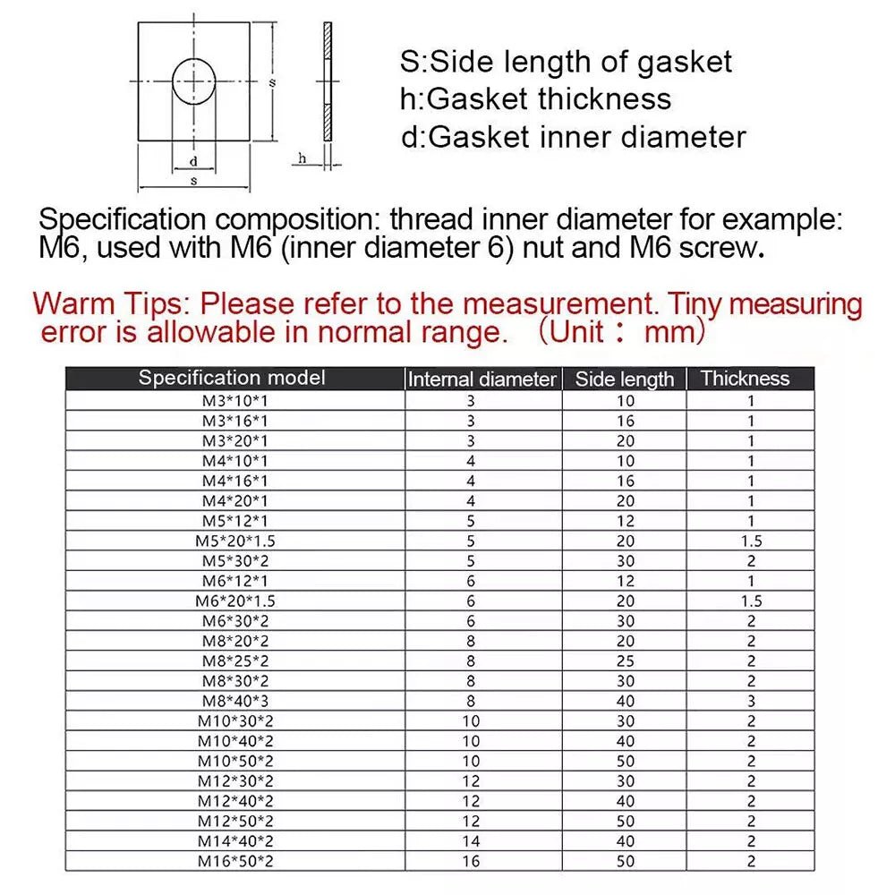 304 Stainless Steel Square Washer M3 - M20(10pcs) - HomeDIYer
