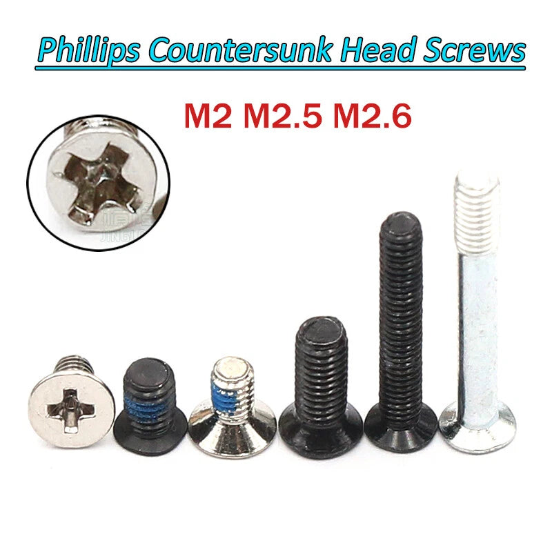 M2 M2.5 M2.6 Phillips Countersunk Head Machine Screws – Carbon Steel, 3–19mm