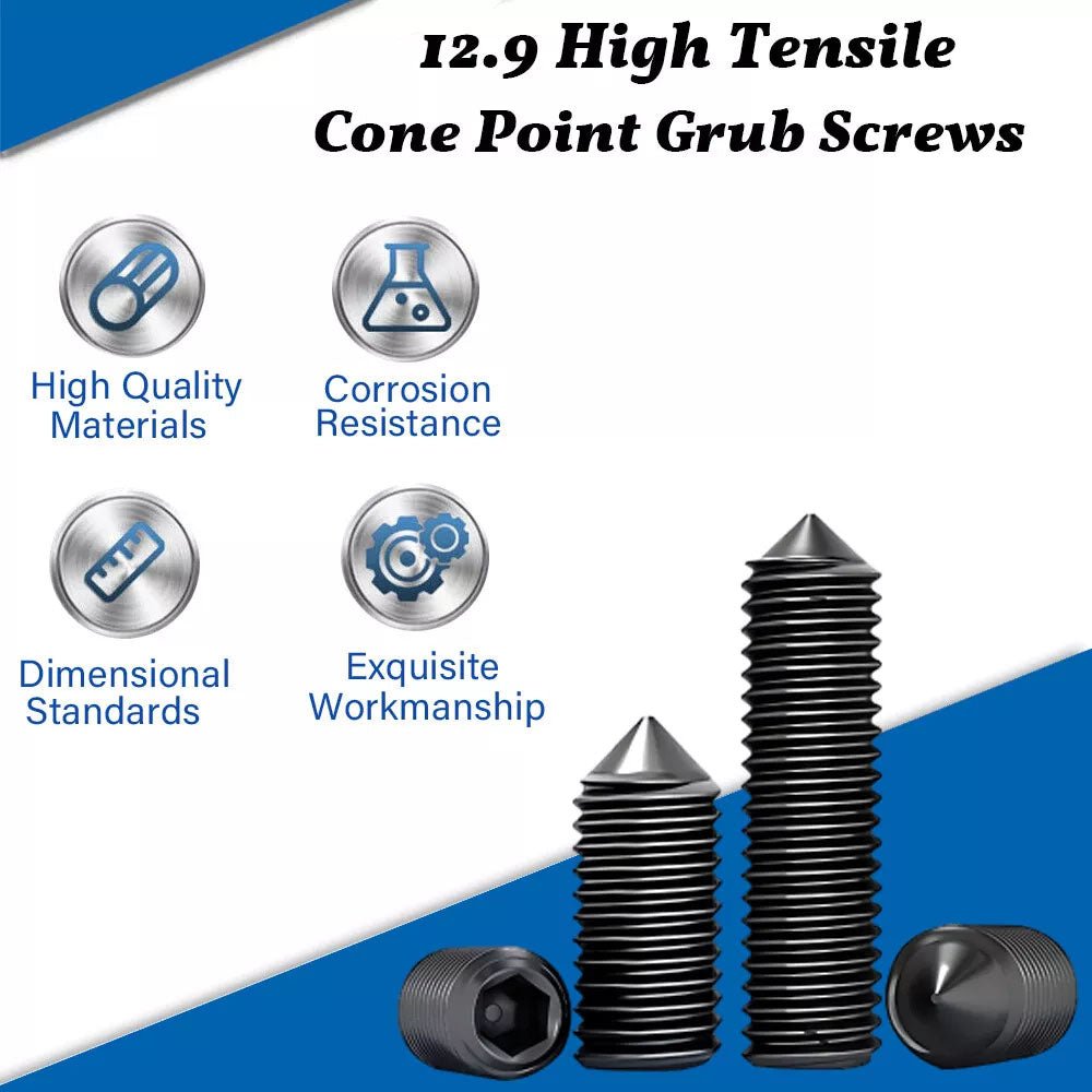 Grade 12.9 Carbon steel Black Allen Cone Point Grub Screws M2 M2.5 M3 M4 M5 - HomeDIYer