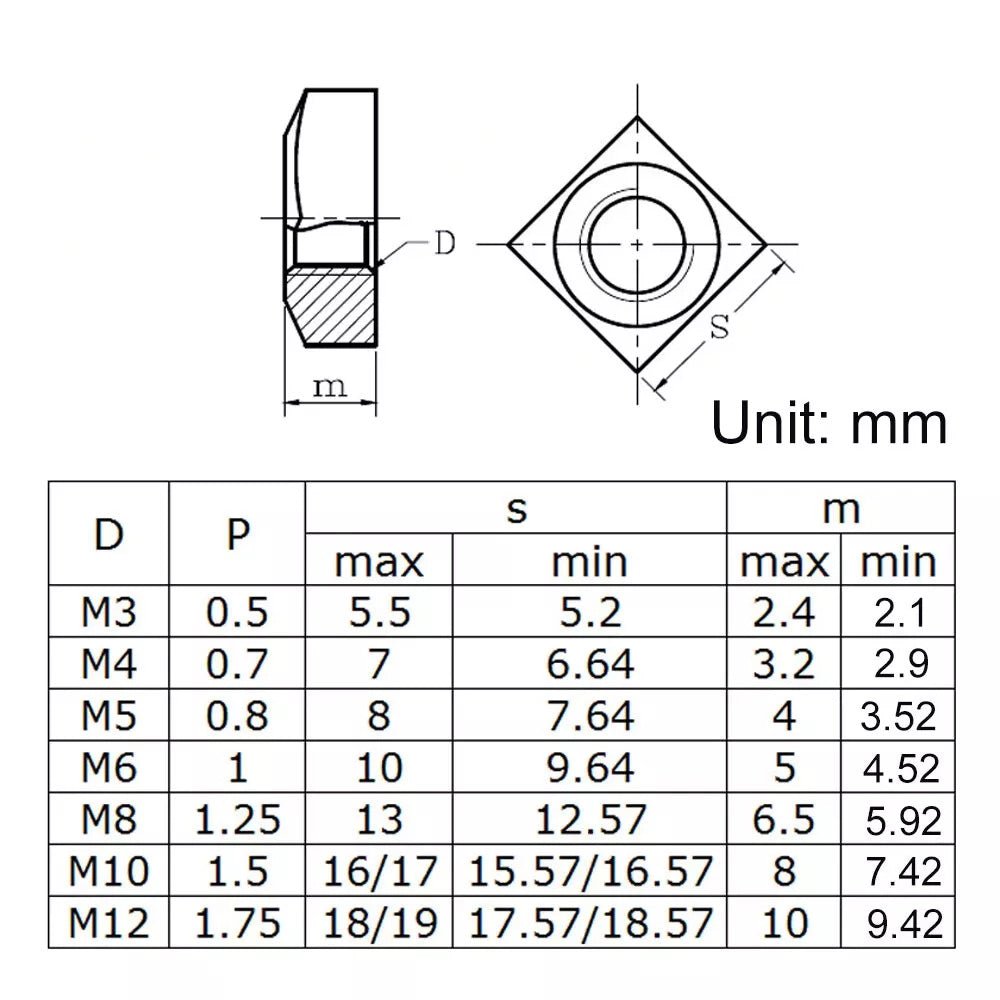 304 Stainless Steel Square Nuts M3 M4 M5 M6 M8 M10 M12(10pcs) - HomeDIYer