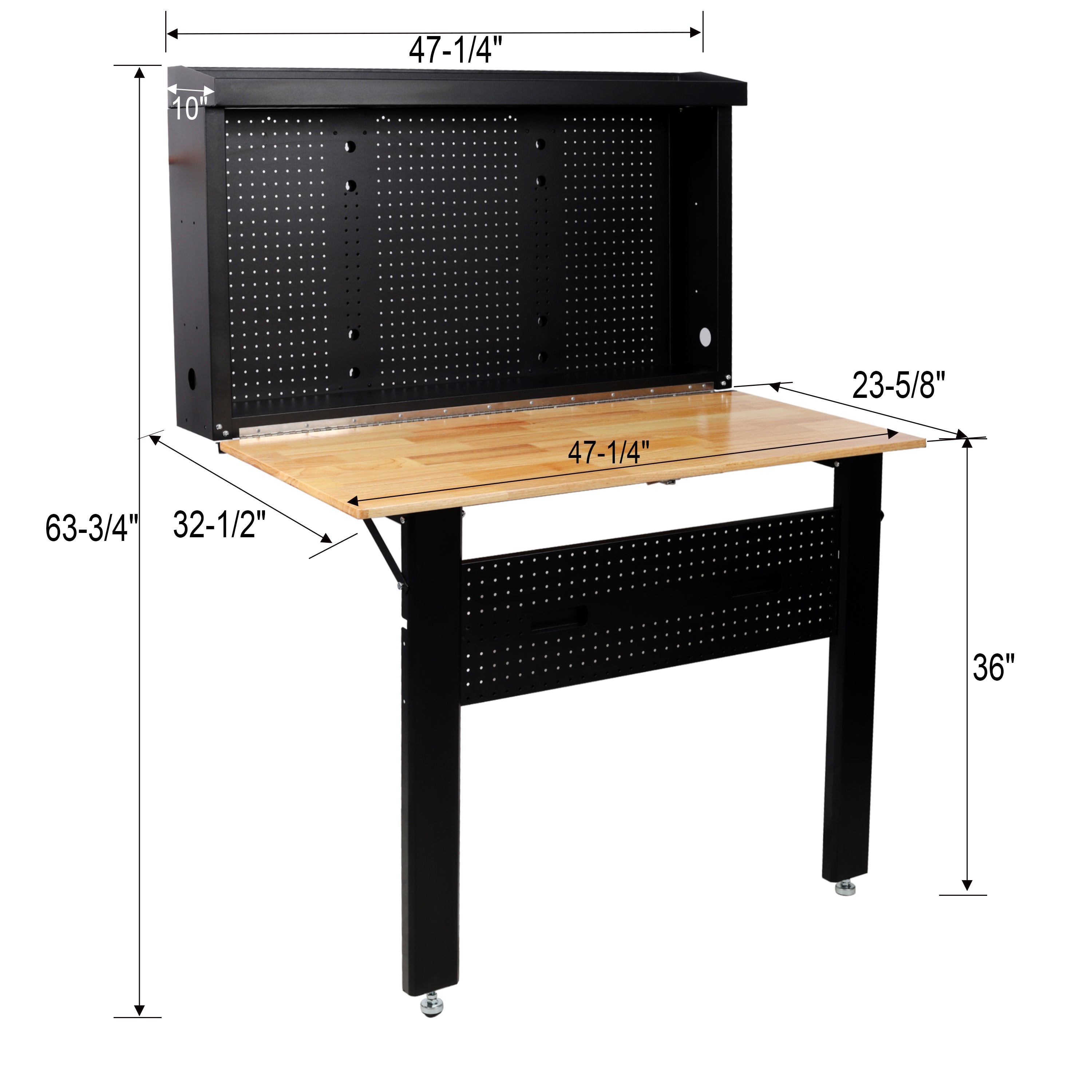Wall Mounted Folding Workbench with Pegboard, Rubberwood Work Surface, 440 lb Capacity, 47.25"W x 32.5"D
