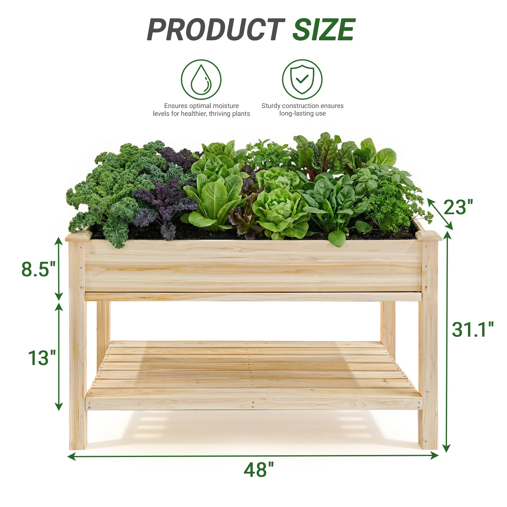 Raised Garden Bed 48x23x31.1" – Elevated Wood Planter with Water Collection Tray & Storage Shelf