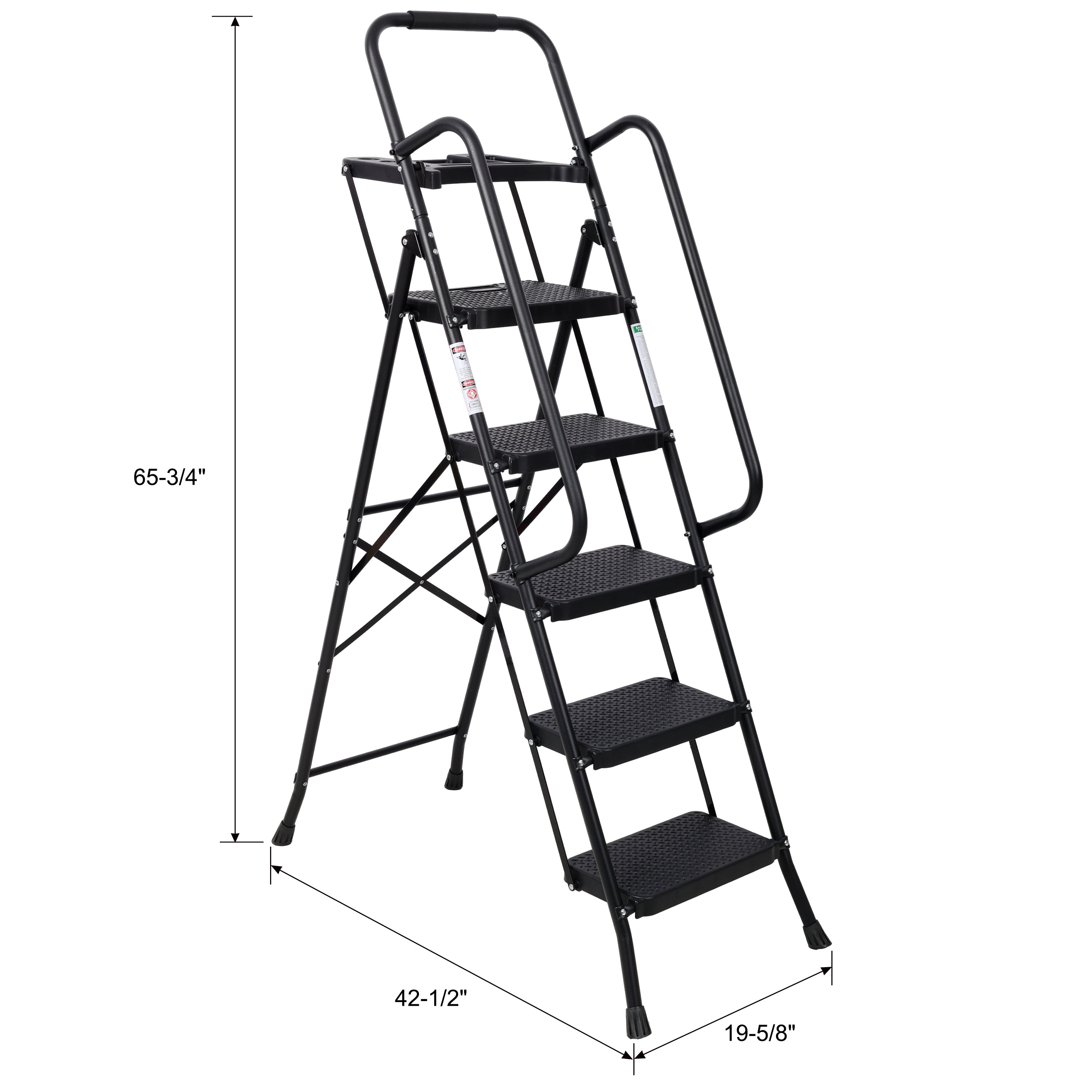 5‑Step Folding Steel Ladder with Tool Platform & Handrail — 330 lb Capacity, Wide Anti‑Slip Pedals, Black