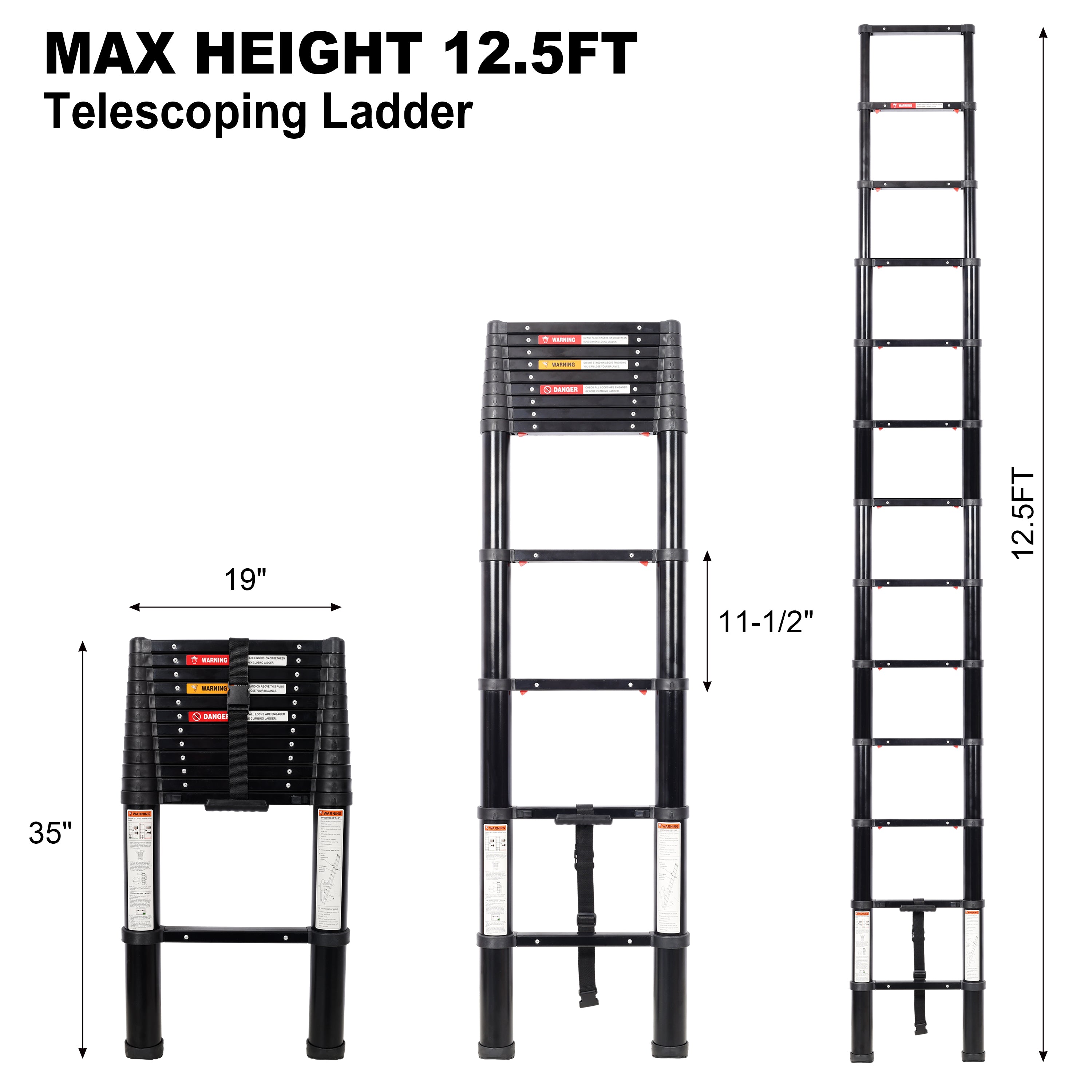 12.5FT Telescopic Ladder – Heavy Duty Aluminum Extension Ladder with Slow-Down Safety & Non-Slip Feet