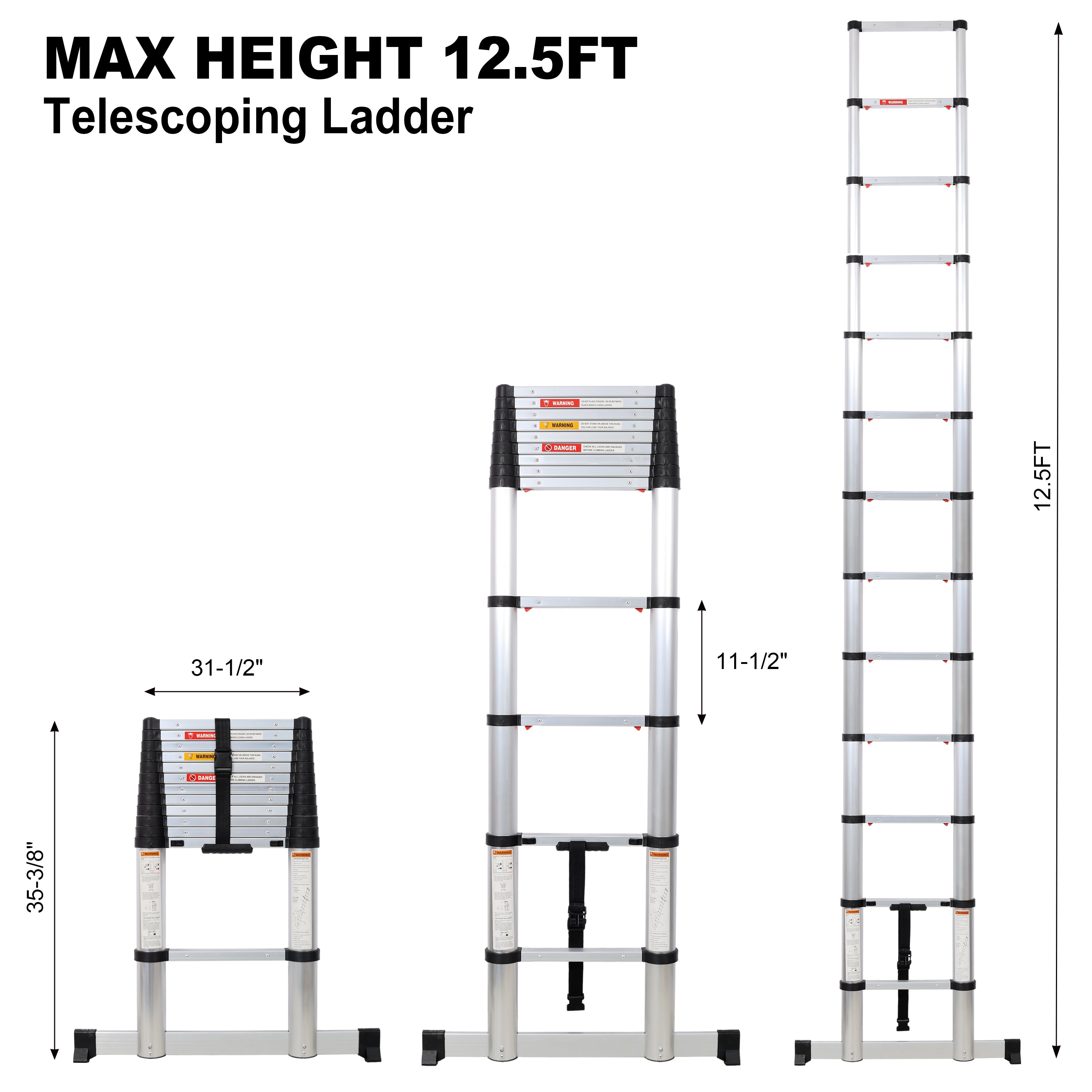 12.5FT Telescopic Aluminum Ladder with Slow‑Down Safety & Stabilizer — 330 lb Capacity, Silver