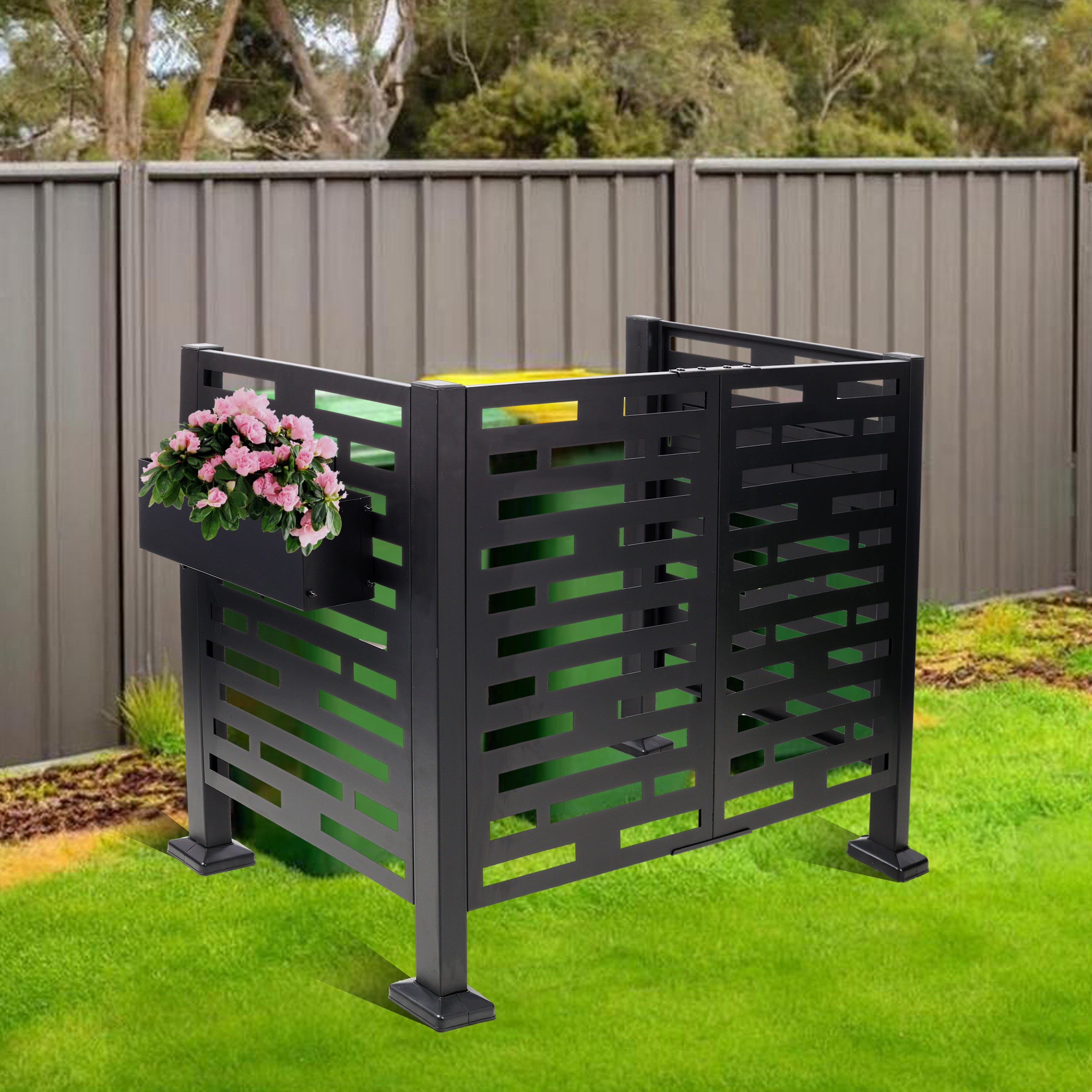 4 x 2 FT Metal Privacy Fence with Planter Boxes — AC Unit & Trash Can Screen, Black