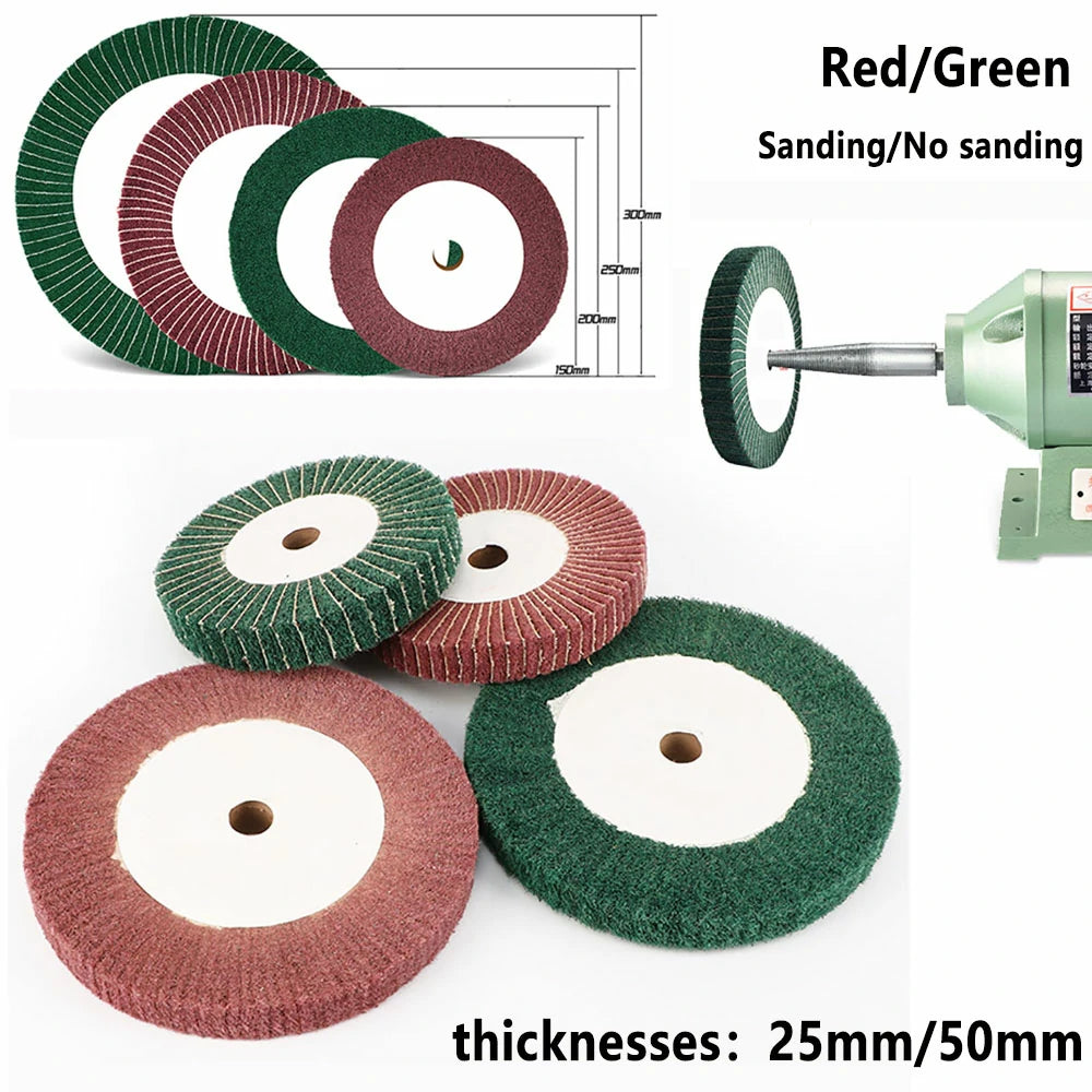 150/200/250/300mm Nylon Fibre Flap Wheel Polishing Sanding Discs Pads Abrasive Green/Red