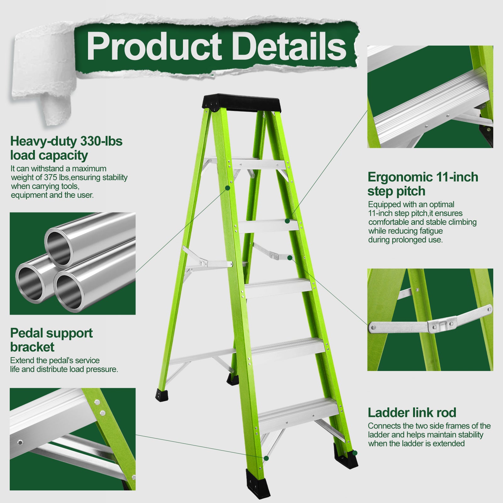 Fiberglass Step Ladder — Non‑Conductive, 330 lb Capacity, Safety Green, 11" Step Spacing