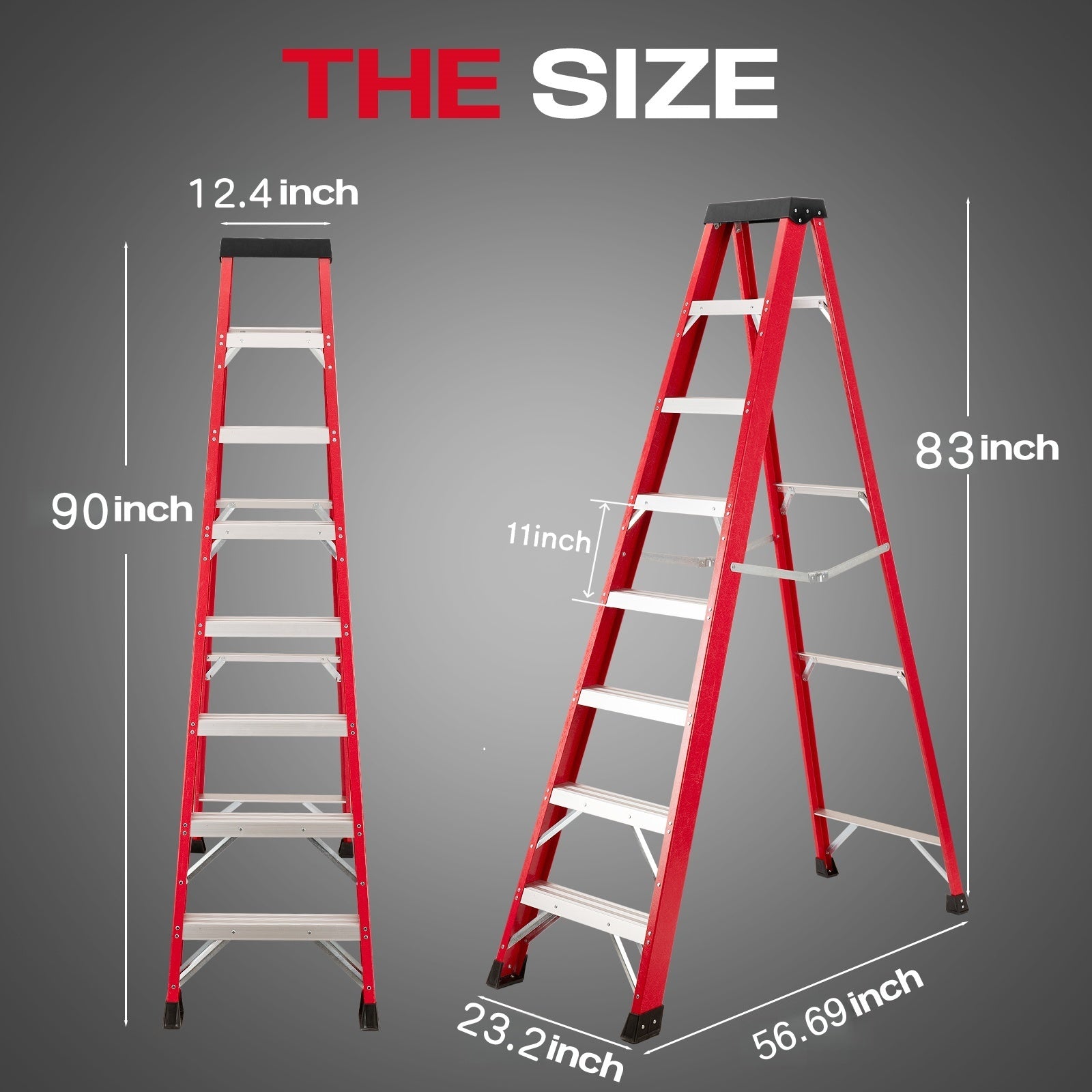 Fiberglass Step Ladder — 330 lb Capacity, Non‑Conductive, Safety Red, 11" Step Spacing