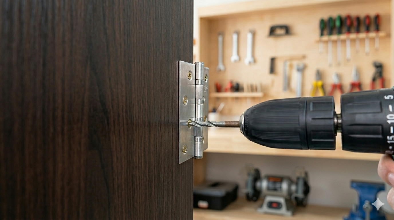 A hand wearing a protective glove testing a newly repaired, securely fastened metal hinge on a dark cabinet door.