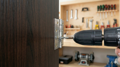 A hand wearing a protective glove testing a newly repaired, securely fastened metal hinge on a dark cabinet door.