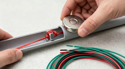 a neodymium magnet on the outside of a light grey PVC conduit, magnetically controlling and guiding a metal nut with a red pull-line attached to it，through the inside of the conduit.